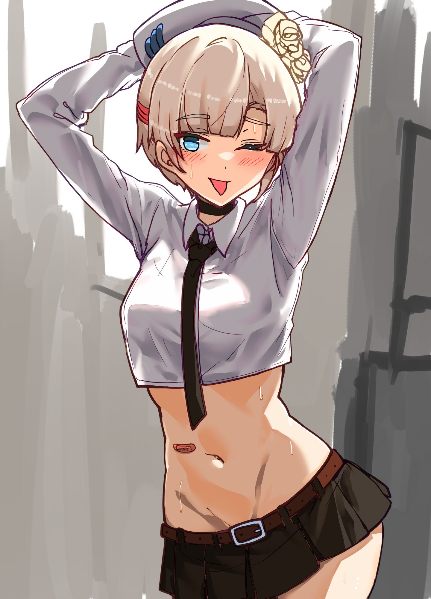 bakasp-lilzy, original, commentary, english commentary, highres, 1girl, arm support, asymmetrical bangs, bandaid on stomach, belt, belt buckle, black choker, black necktie, black skirt, blonde hair, blue eyes, blush, breasts, brown belt, buckle, choker, closed mouth, collared shirt, cowboy shot, crop top, cropped shirt, flower, groin, hat, hat flower, long sleeves, microskirt, navel, necktie, one eye closed, pleated skirt, school uniform, shirt, short hair, skirt, solo, standing, stomach, sweat, tongue, tongue out, very short hair, white hat, white shirt, wing collar