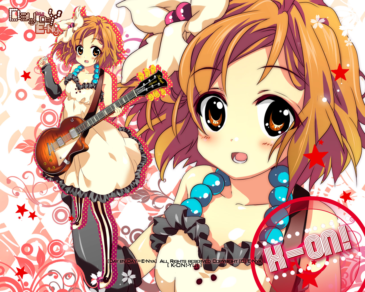 e-nya, hirasawa yui, don't say "lazy", k-on!, bad id, bad pixiv id, 00s, 1girl, brown eyes, brown hair, dress, female focus, guitar, hair ornament, instrument, pantyhose, short hair, solo, striped clothes, striped pantyhose, vertical-striped clothes, vertical-striped pantyhose, zoom layer