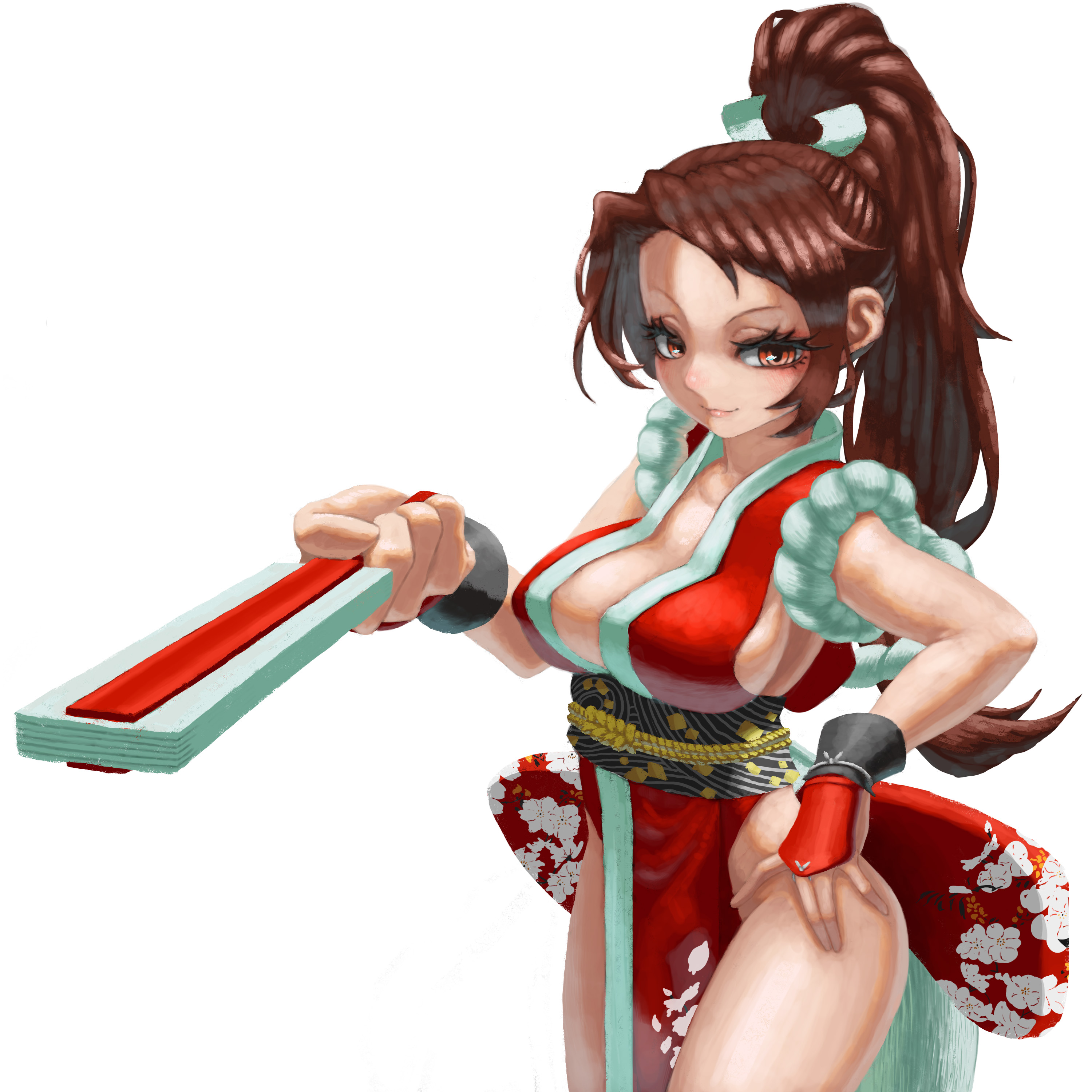 nojob hiro, shiranui mai, fatal fury, snk, the king of fighters, absurdres, commentary, highres, 1girl, breasts, brown hair, folded fan, folding fan, hand fan, high ponytail, japanese clothes, large breasts, long hair, ninja, ponytail, revealing clothes, simple background, solo, white background