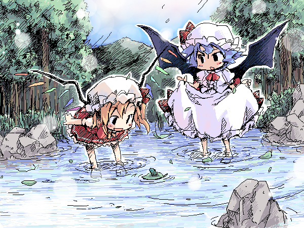 ham (points), flandre scarlet, remilia scarlet, touhou, 2girls, female focus, frog, loli, multiple girls, nature, oekaki, river, siblings, sisters, wading, water, wings