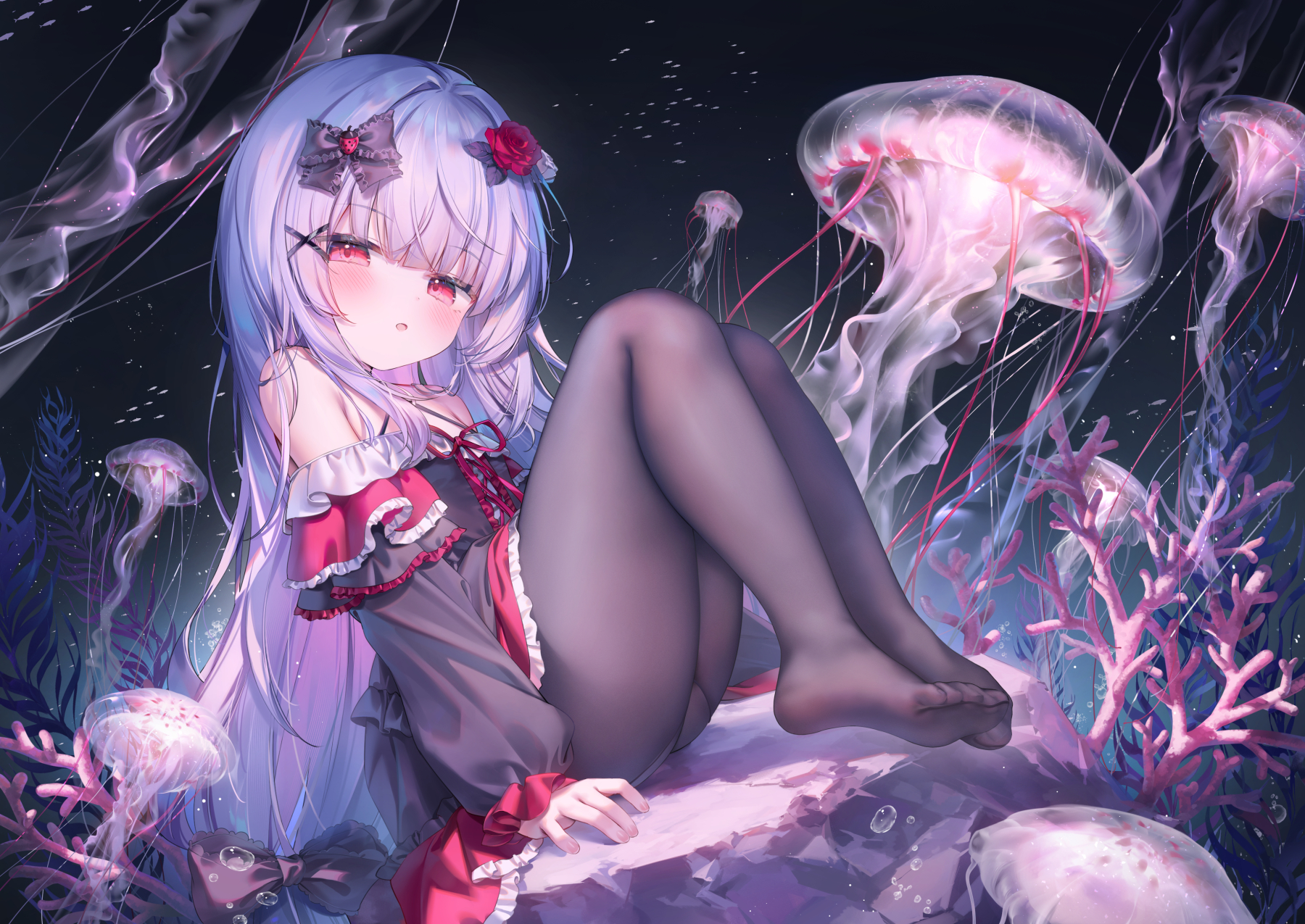 chen bin, original, highres, 1girl, black dress, black pantyhose, bow, dress, flower, from side, full body, grey hair, hair bow, hair flower, hair ornament, jellyfish, knees up, long hair, no shoes, off-shoulder dress, off shoulder, pantyhose, parted lips, red eyes, sitting, solo, very long hair, x hair ornament