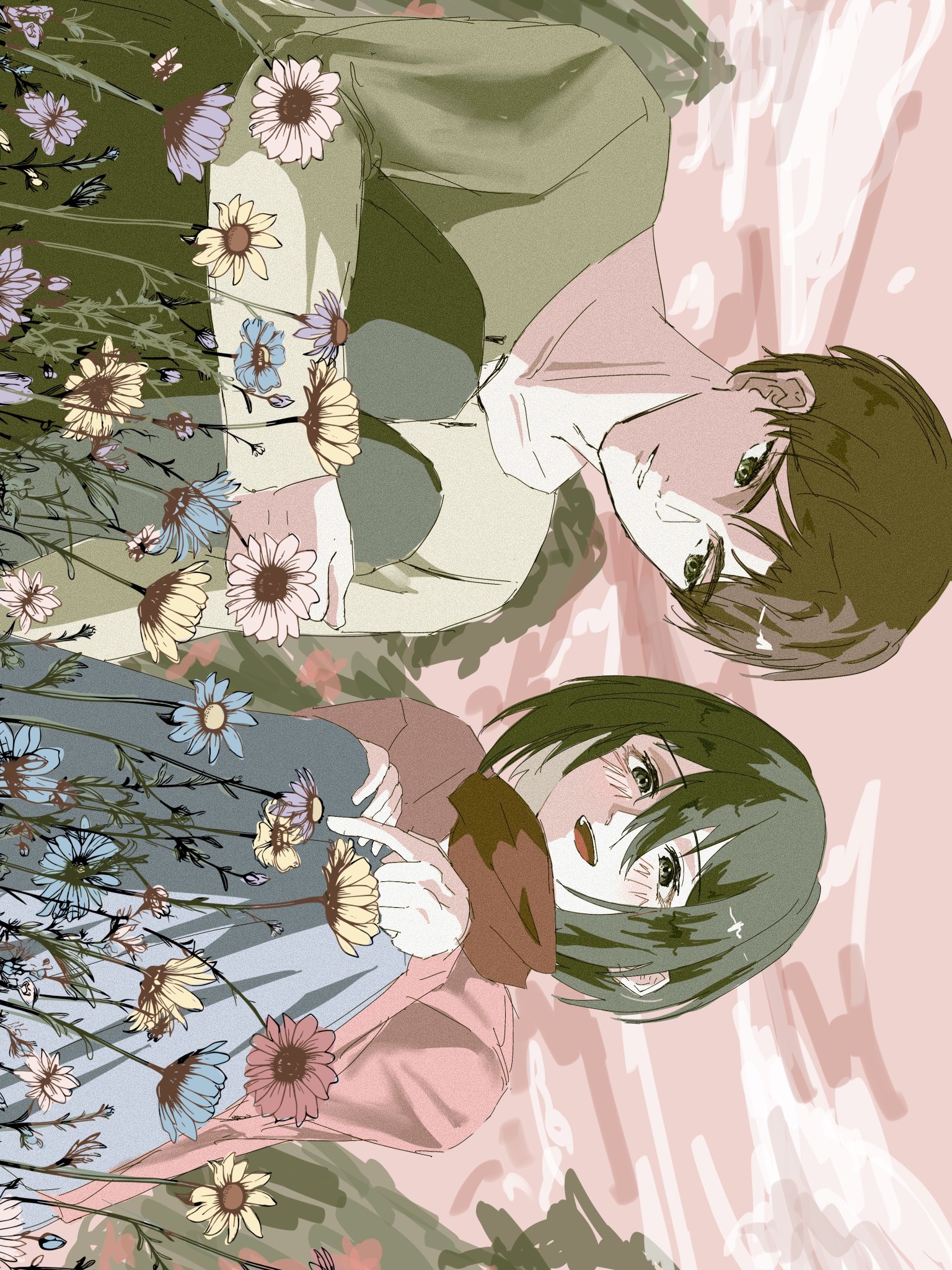 eren yeager, mikasa ackerman, shingeki no kyojin, highres, 1boy, 1girl, black hair, blue flower, blue sky, blush, brown hair, cardigan, field, flower, flower field, green eyes, grey eyes, grey shirt, hair between eyes, hugging own legs, long skirt, open mouth, parted lips, pink cardigan, pink sky, pointing, red scarf, scarf, shirt, short hair, sitting, skirt, sky, smile, tatakaehhhh, white flower, yellow flower
