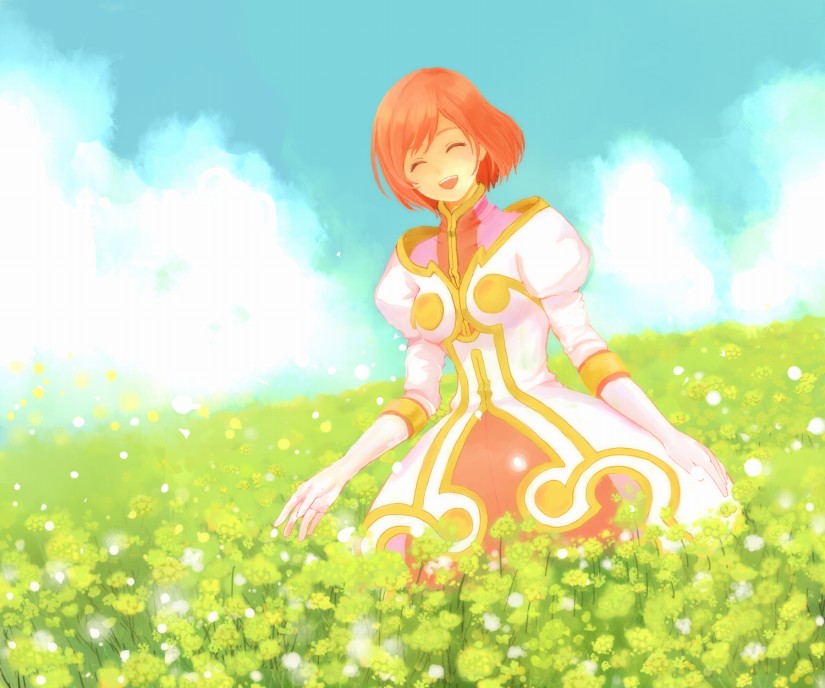 m (pixiv9151), estellise sidos heurassein, tales of (series), tales of vesperia, 00s, 1girl, day, female focus, field, flower, flower field, gloves, pink hair, short hair, sky, smile, solo