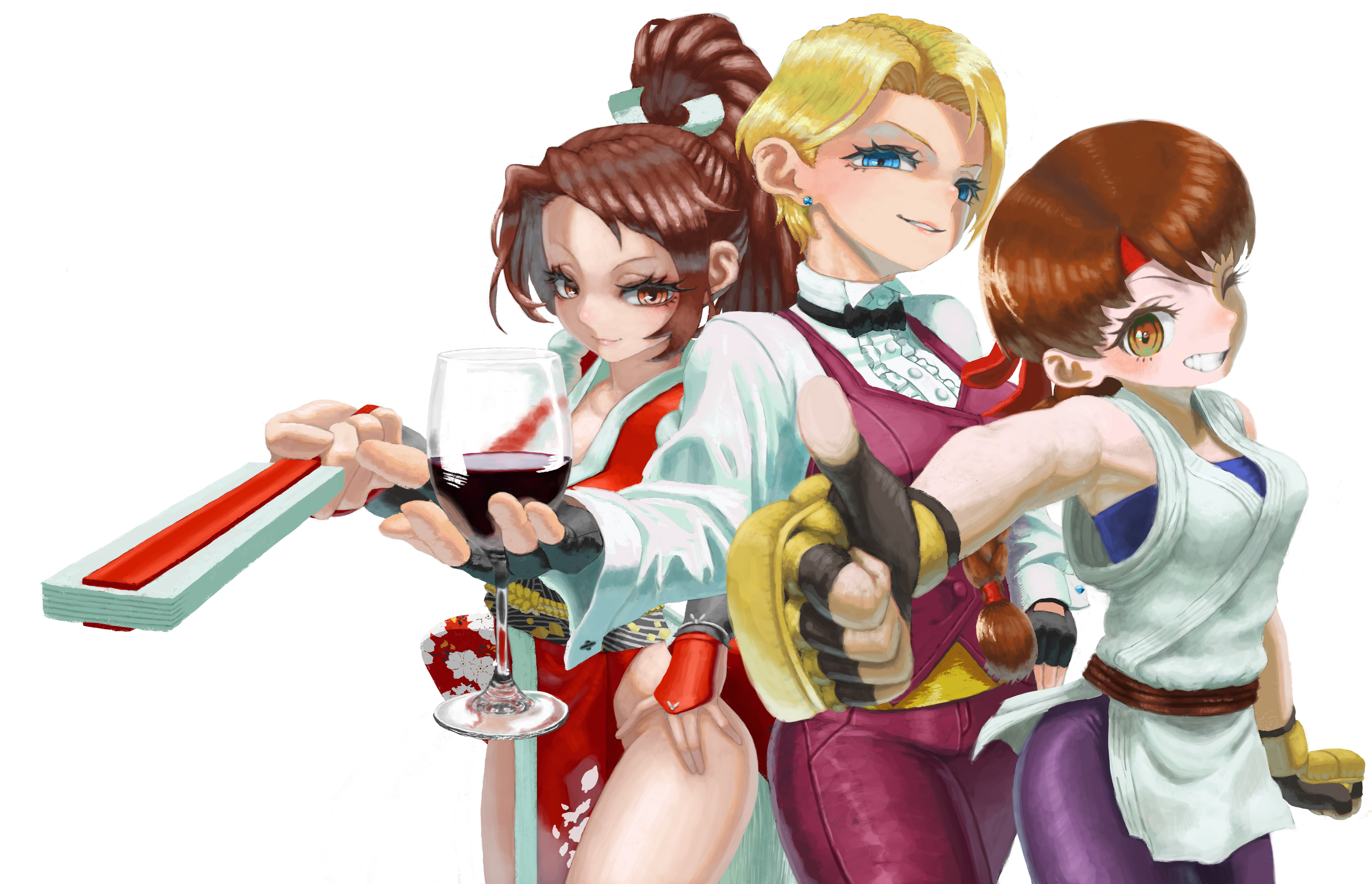 nojob hiro, king (snk), shiranui mai, yuri sakazaki, fatal fury, ryuuko no ken, absurdres, commentary, highres, 3girls, alcohol, blonde hair, blue eyes, braid, breasts, brown hair, cup, drinking glass, earrings, fingerless gloves, folded fan, folding fan, gloves, hand fan, headband, high ponytail, japanese clothes, jewelry, large breasts, long hair, multiple girls, ninja, one eye closed, ponytail, red headband, revealing clothes, short hair, simple background, single braid, spandex, thumbs up, white background, wine, wine glass