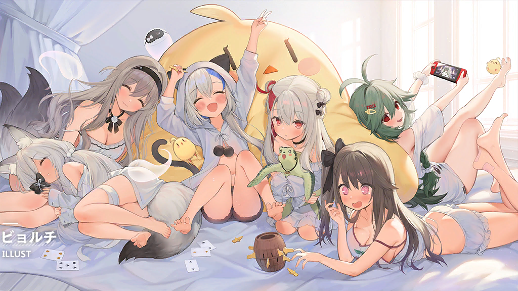 byulzzi, kasumi (azur lane), libeccio (azur lane), maestrale (azur lane), manjuu (azur lane), murmansk (azur lane), pamiat merkuria (azur lane), pamiat merkuria (sweet cherry memories) (azur lane), torricelli (azur lane), azur lane, official art, third-party source, 6+girls, animal, animal ear fluff, animal ears, arms up, ass, bare shoulders, barefoot, blue hair, breasts, butt crack, camisole, card, cleavage, feet, full body, green hair, grey hair, grey tail, holding, holding animal, large tail, loading screen, lying, medium breasts, multicolored hair, multiple girls, nintendo switch, official alternate costume, on stomach, open mouth, playing card, pop-up pirate, purple eyes, red eyes, red hair, shorts, siblings, sisters, sleeping, soles, strapless, streaked hair, tail, toes, turtle, two-tone hair, white camisole, white shorts