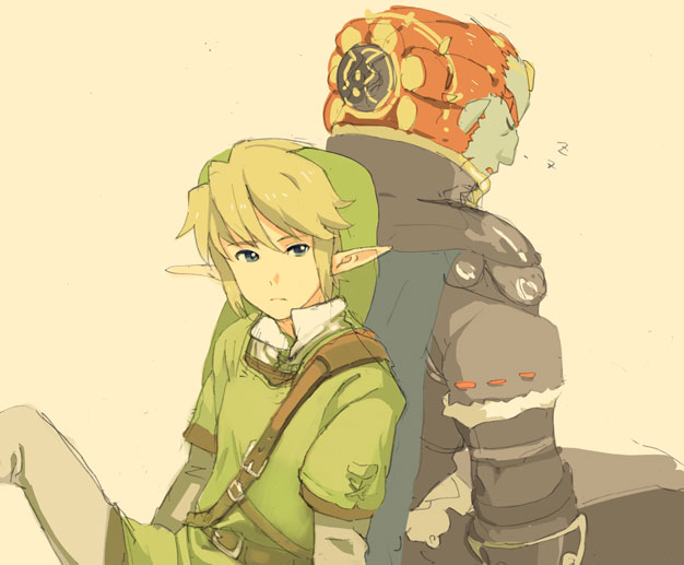 ganondorf, link, nintendo, the legend of zelda, the legend of zelda: twilight princess, 2boys, armor, blonde hair, blue eyes, hat, male focus, multiple boys, pointy ears, red hair, sleeping