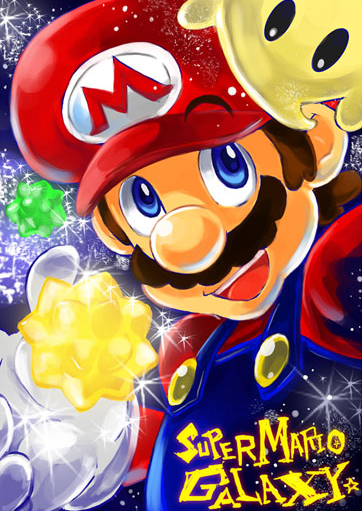 luma (mario), mario, mario (series), nintendo, super mario bros. 1, super mario galaxy, artist request, 1boy, blue eyes, brown hair, facial hair, gloves, hat, mustache, overalls, smile