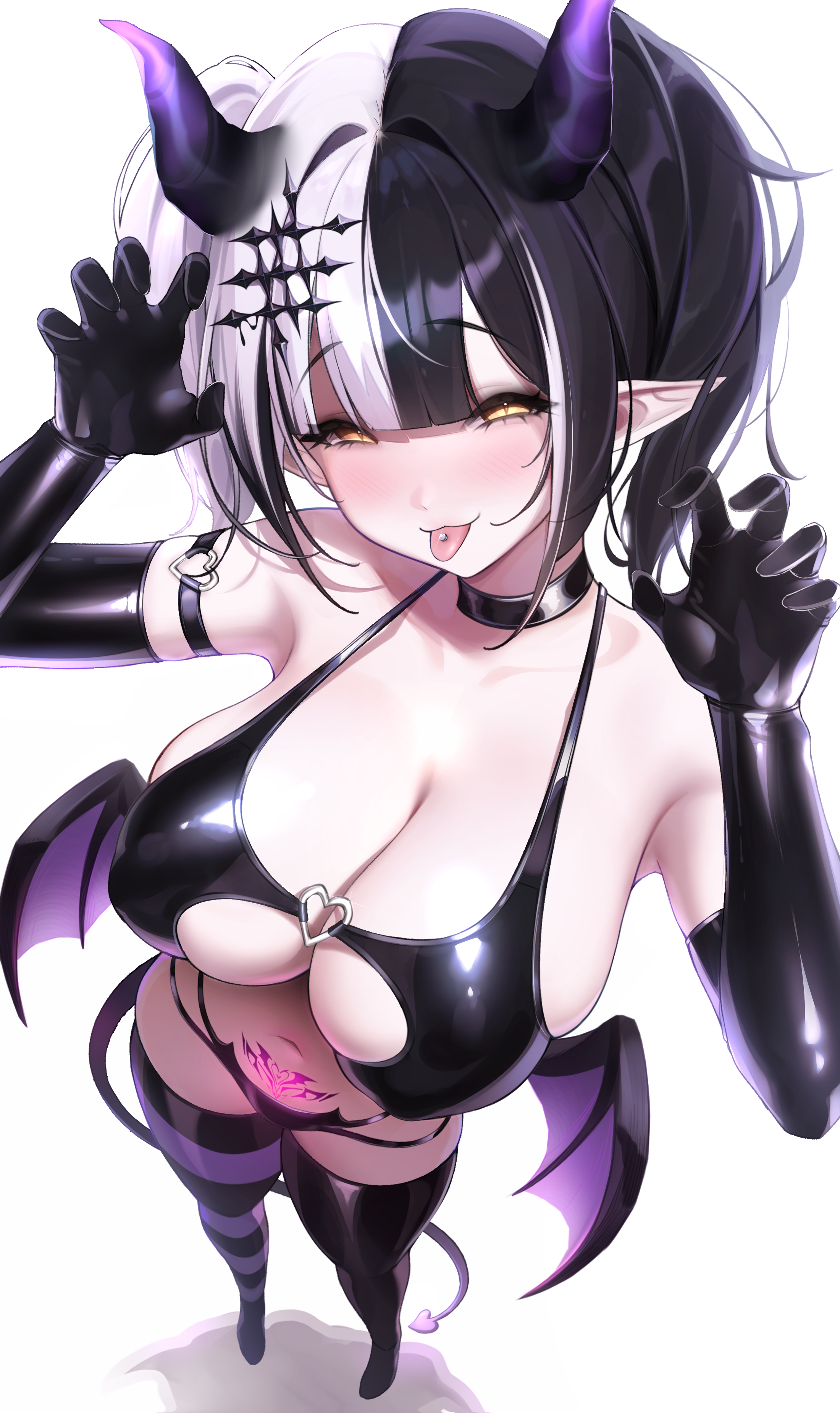 prab, shiori novella, hololive, hololive english, absurdres, commentary, highres, 1girl, :p, bikini, black bikini, black choker, black gloves, black hair, black thighhighs, blunt bangs, breasts, center-flap bangs, choker, claw pose, cleavage, demon girl, demon horns, demon tail, demon wings, elbow gloves, gloves, glowing, glowing tattoo, grey hair, hair ornament, hands up, heart, heart o-ring, horns, large breasts, long hair, looking at viewer, low wings, mismatched thighhighs, multi-strapped bikini bottom, multicolored hair, navel, o-ring, o-ring arm strap, o-ring bikini, o-ring top, piercing, pointy ears, pubic tattoo, purple thighhighs, simple background, solo, split-color hair, stomach, striped clothes, striped thighhighs, swimsuit, tail, tattoo, thighhighs, tongue, tongue out, tongue piercing, twintails, virtual youtuber, white background, wings, yellow eyes