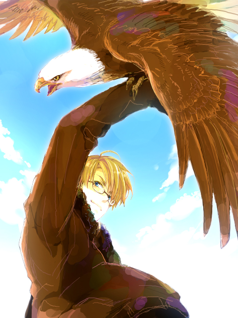 kuroemon, america (hetalia), axis powers hetalia, 00s, 1boy, ahoge, animal on arm, bald eagle, bird, bird on arm, blonde hair, blue eyes, bomber jacket, cloud, day, eagle, glasses, jacket, male focus, military, military uniform, outdoors, short hair, sky, smirk, solo, tegaki
