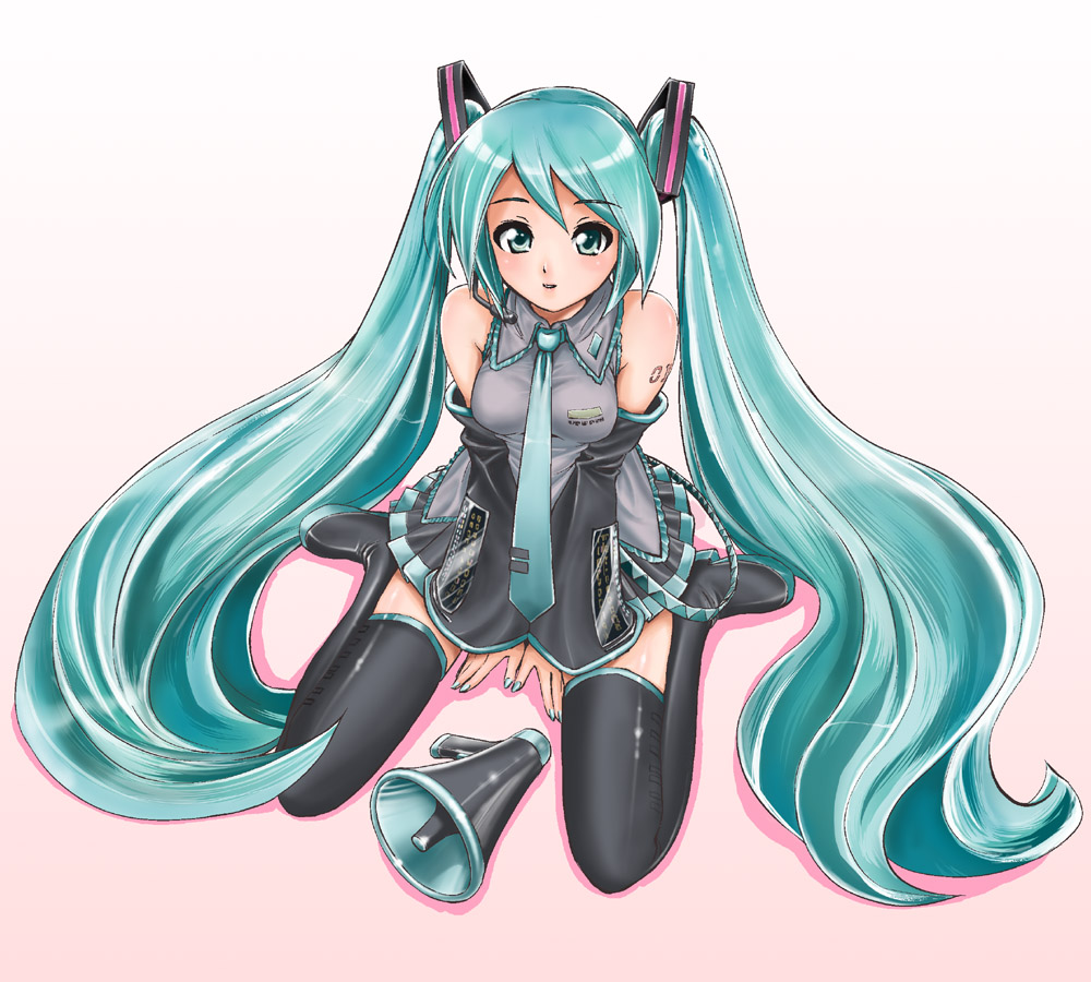 maruyama, hatsune miku, vocaloid, 1girl, aqua eyes, aqua hair, aqua nails, detached sleeves, female focus, long hair, looking up, megaphone, nail polish, necktie, sitting, solo, thighhighs, twintails, very long hair, zettai ryouiki