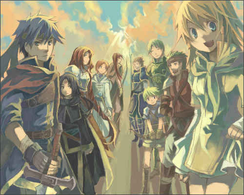 boyd (fire emblem), gatrie (fire emblem), ike (fire emblem), mist (fire emblem), mist (path of radiance) (fire emblem), oscar (fire emblem), rhys (fire emblem), rolf (fire emblem), shinon (fire emblem), soren (fire emblem), titania (fire emblem), fire emblem, fire emblem: path of radiance, fire emblem: radiant dawn, nintendo, lowres, 2girls, 6+boys, armor, black hair, blue eyes, blue hair, bow (weapon), brown hair, cape, gloves, green hair, headband, long hair, multiple boys, multiple girls, polearm, ponytail, red hair, scarf, short hair, smile, spear, sword, weapon