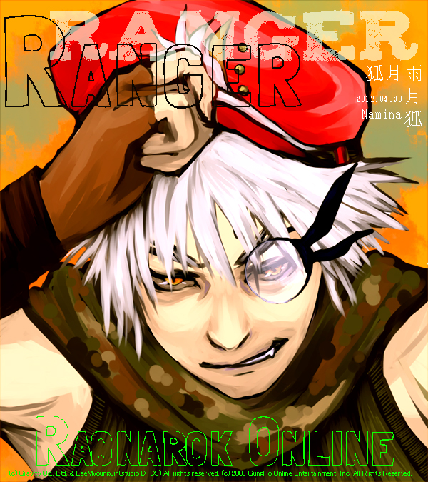 ranger (ragnarok online), ragnarok online, commentary request, 1boy, beret, brown gloves, camouflage scarf, character name, copyright name, dated, fingerless gloves, gloves, green scarf, grin, hat, looking at viewer, male focus, monocle, namina (ugetsu kitsune), red hat, round eyewear, scarf, short hair, smile, solo, upper body, white hair