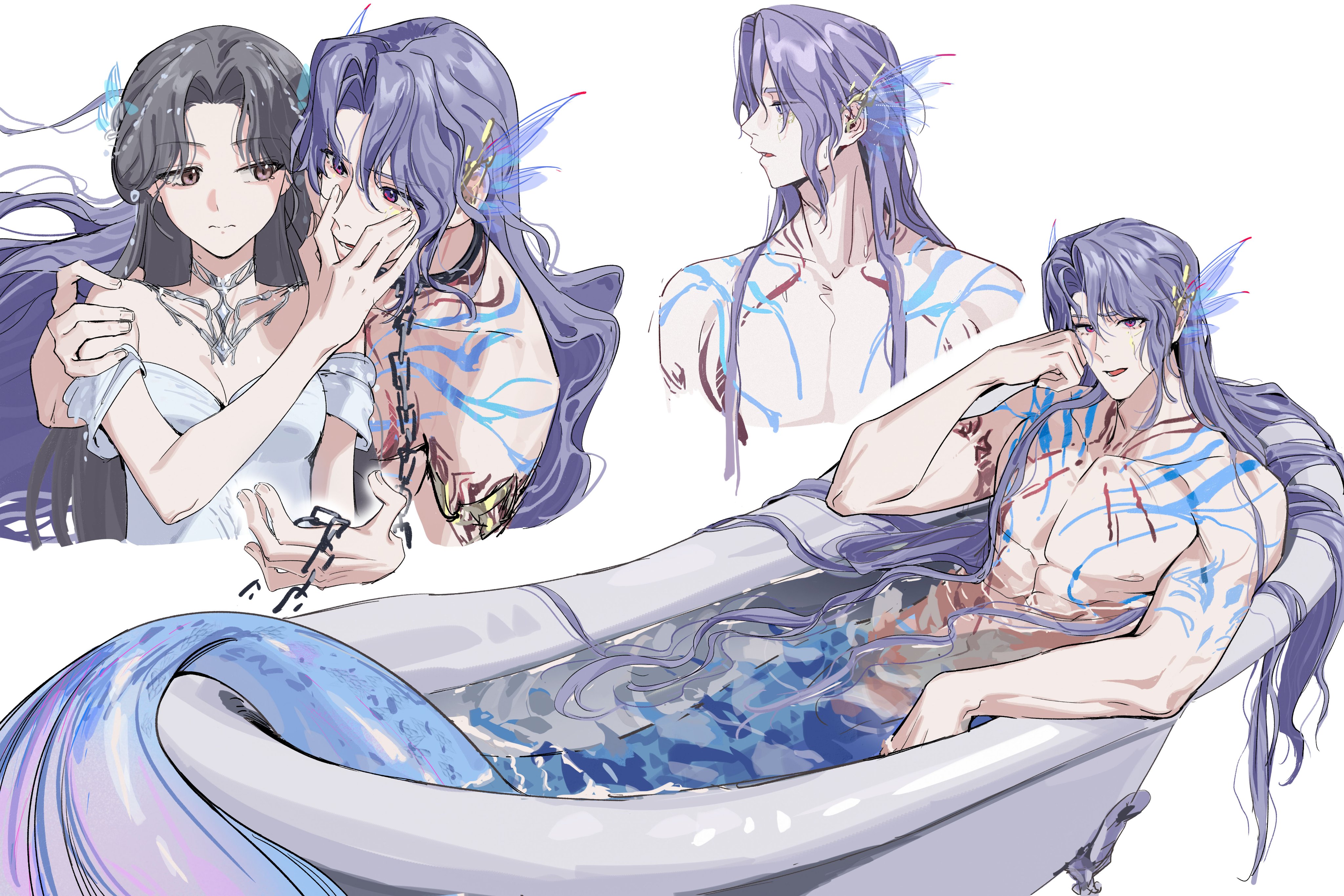 shiwu, protagonist (love and deepspace), rafayel (love and deepspace), love and deepspace, silver necklace, absurdres, highres, 1boy, 1girl, armlet, bathing, bathtub, black hair, blue hair, body markings, breasts, brown eyes, chain, chain leash, cleavage, couple, dress, fins, fish tail, hand on another's face, hand on own cheek, hand on own face, hetero, in bathtub, jewelry, leash, long hair, medium breasts, merman, monster boy, multiple views, necklace, off-shoulder dress, off shoulder, official alternate costume, official alternate hair length, official alternate hairstyle, parted bangs, partially submerged, pink eyes, tail, topless male, upper body, wavy hair, white background, white dress