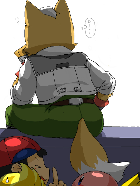 fox mccloud, kirby, lucas (mother 3), ness (mother 2), kirby (series), mother (series), mother 2, mother 3, nintendo, star fox, super smash bros., 1boy, black hair, blonde hair, blue eyes, child, from behind, furry, furry male, gloves, hat, tail