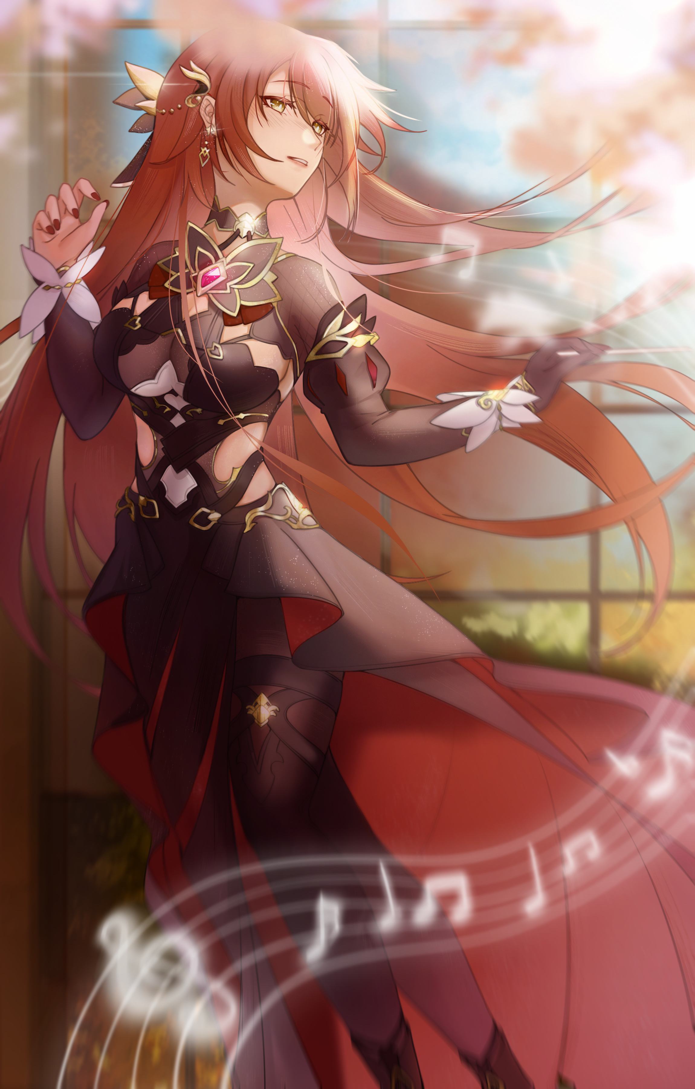 akashin, eden (honkai impact), honkai (series), honkai impact 3rd, absurdres, commentary request, highres, 1girl, black dress, black gloves, black pantyhose, breasts, cleavage cutout, clothing cutout, dress, earrings, gloves, jewelry, large breasts, long hair, musical note, pantyhose, side cutout, single glove, solo, very long hair, window, yellow eyes