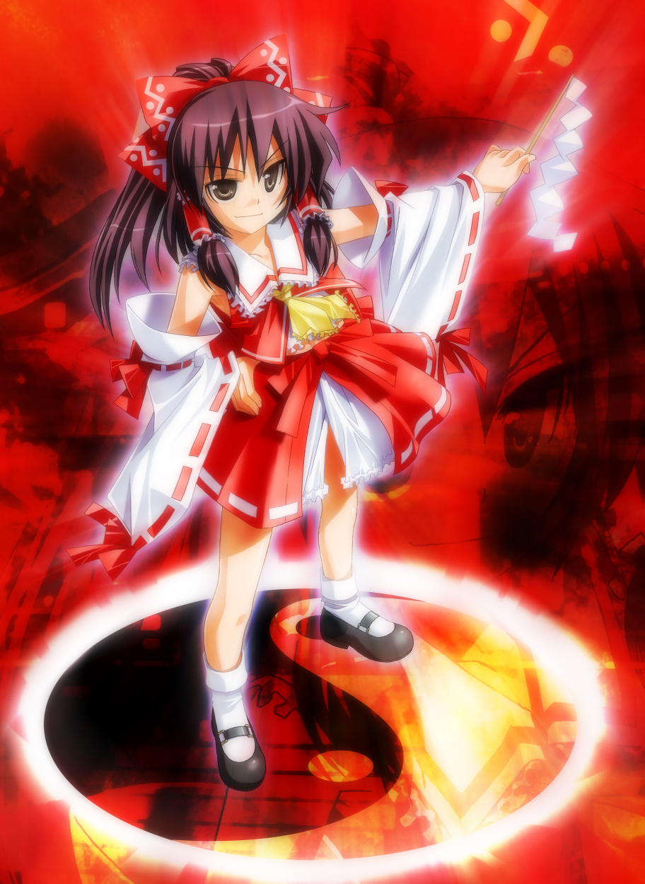 umekichi, hakurei reimu, touhou, bad id, bad pixiv id, highres, 1girl, alternate costume, bow, brown eyes, brown hair, detached sleeves, female focus, full body, gohei, gradient background, hair bow, hand on own hip, hip focus, japanese clothes, miko, ribbon, skirt, solo, yin yang, zoom layer