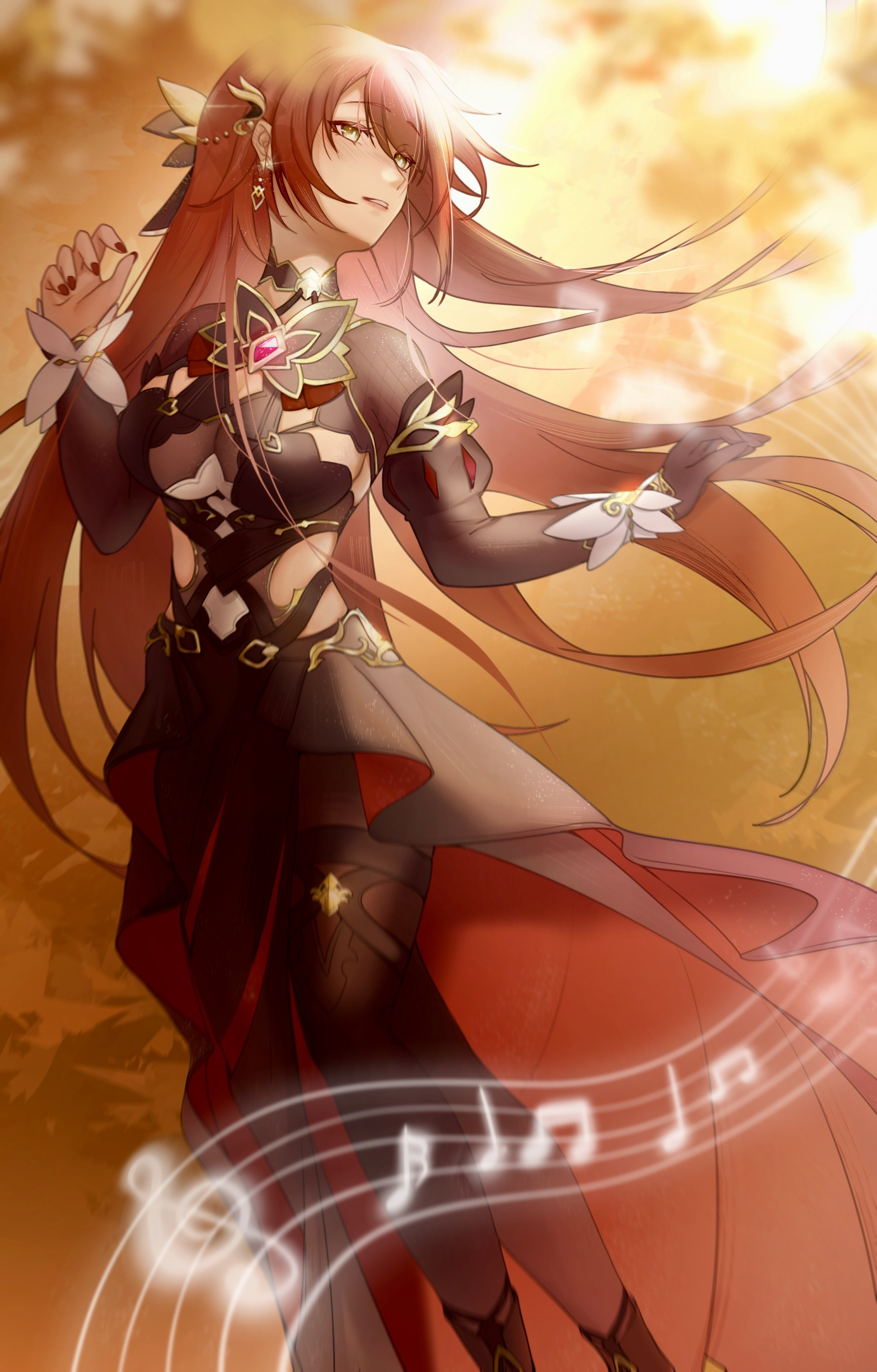 akashin, eden (honkai impact), honkai (series), honkai impact 3rd, absurdres, commentary request, highres, 1girl, autumn, autumn leaves, black dress, black gloves, black pantyhose, breasts, cleavage cutout, clothing cutout, dress, earrings, gloves, jewelry, large breasts, leaf, long hair, musical note, outdoors, pantyhose, side cutout, single glove, solo, very long hair, yellow eyes