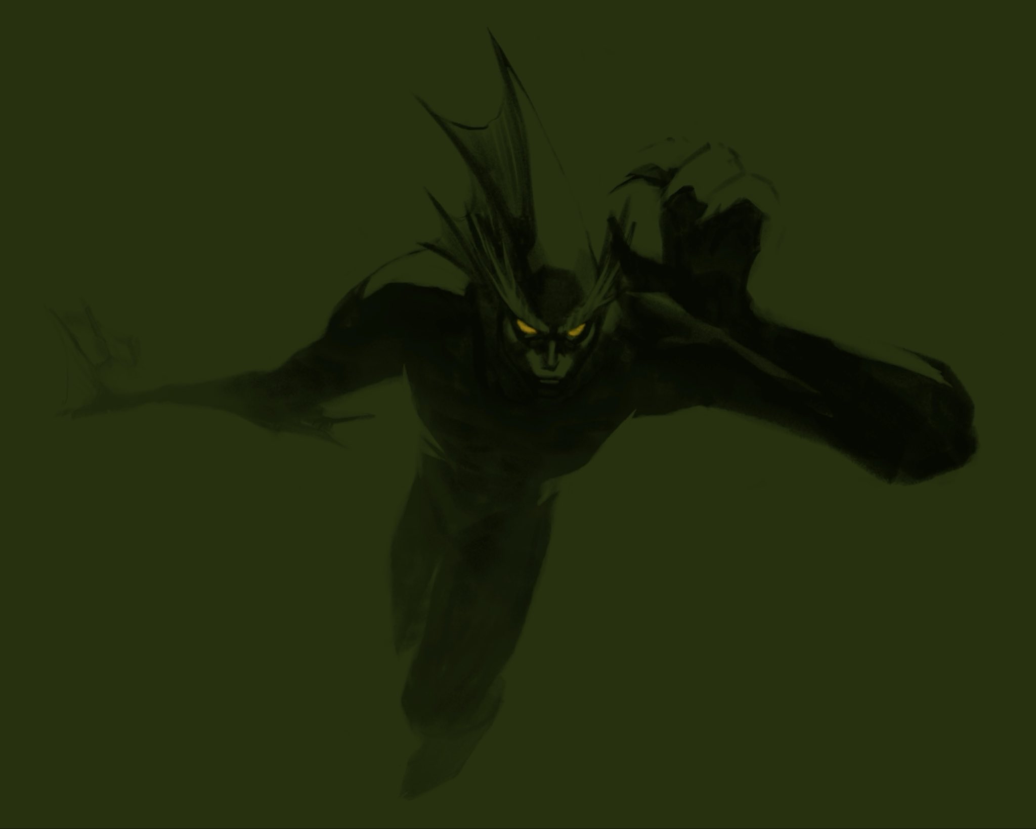 hoodratt20xx, rikuo (darkstalkers), darkstalkers, highres, arm up, claws, fins, fish, full body, glowing, glowing eyes, green background, monster, no pupils, swimming, underwater, yellow eyes