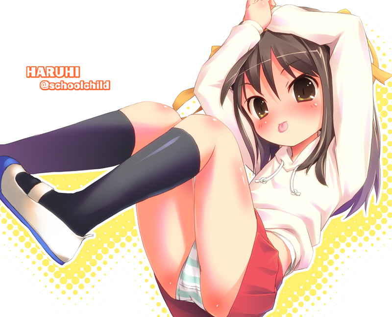 pu-en, suzumiya haruhi, suzumiya haruhi (young), suzumiya haruhi no yuuutsu, 00s, 1girl, :p, aged down, black socks, blush, brown hair, female focus, hairband, kneehighs, loli, long hair, panties, pantyshot, shoes, sitting, skirt, socks, solo, striped clothes, striped panties, tongue, tongue out, underwear, upskirt, uwabaki