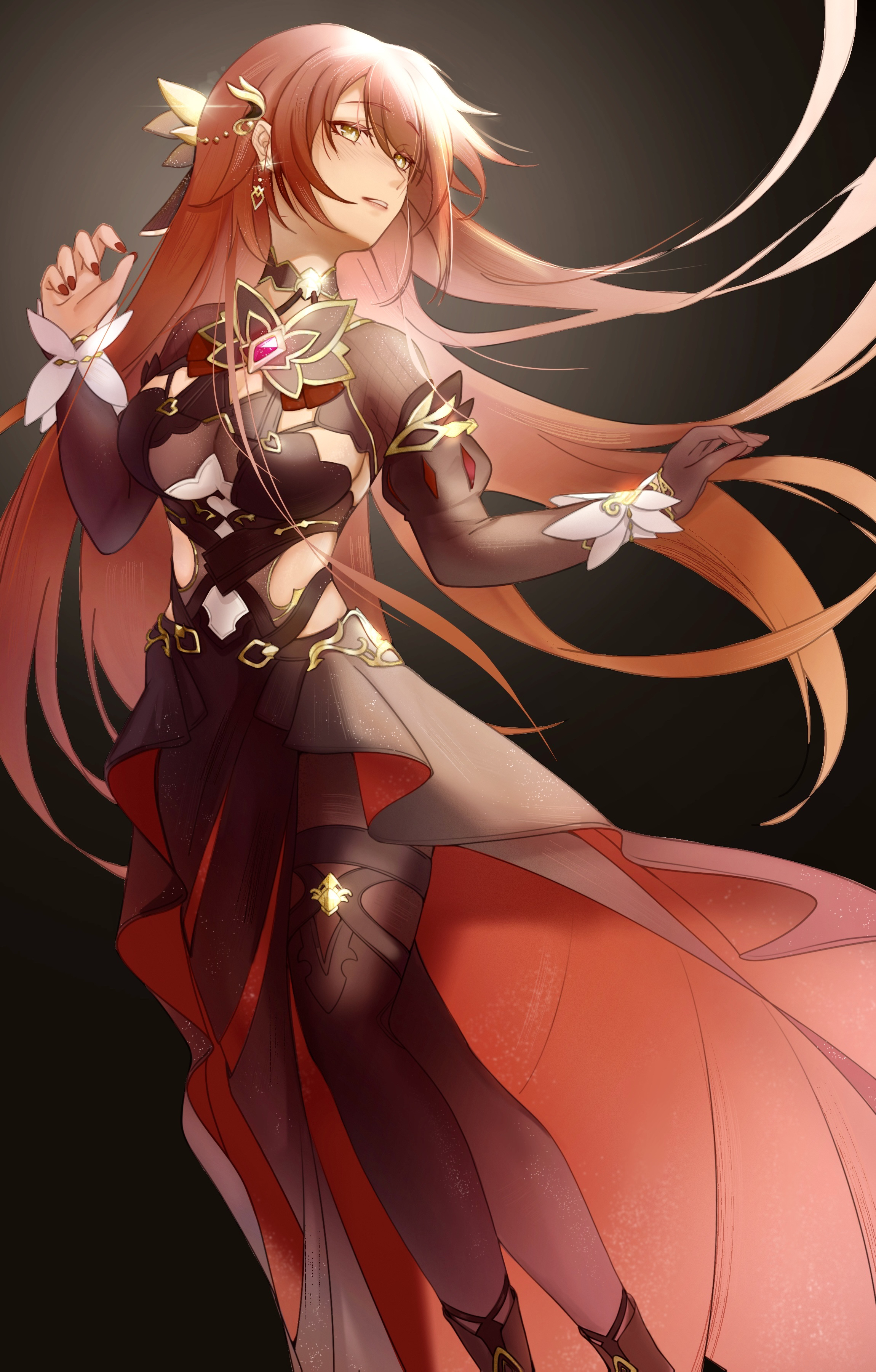 akashin, eden (honkai impact), honkai (series), honkai impact 3rd, absurdres, commentary request, highres, 1girl, black background, black dress, black gloves, black pantyhose, breasts, cleavage cutout, clothing cutout, dress, earrings, gloves, jewelry, large breasts, long hair, musical note, pantyhose, side cutout, simple background, single glove, solo, very long hair, yellow eyes