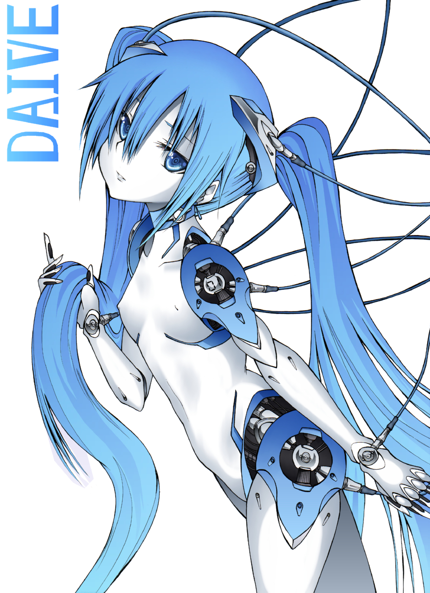 daive, hatsune miku, vocaloid, highres, 1girl, android, blue eyes, blue hair, cable, female focus, head tilt, joints, long hair, mechabare, robot, robot joints, solo, twintails