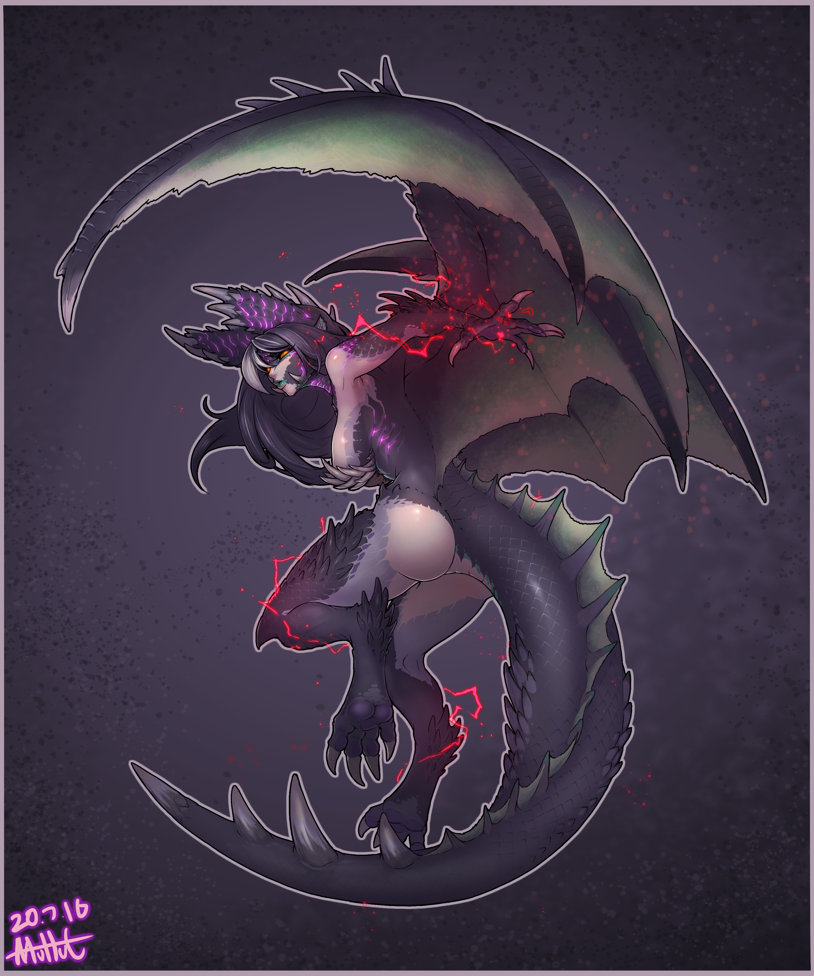 muhut, alatreon, monster hunter (series), absurdres, highres, 1girl, ass, black hair, black scales, breasts, claws, dragon girl, dragon wings, dynamic pose, full body, horns, lightning, monster girl, orange eyes, red lightning, scales, solo, spikes, tail, wings
