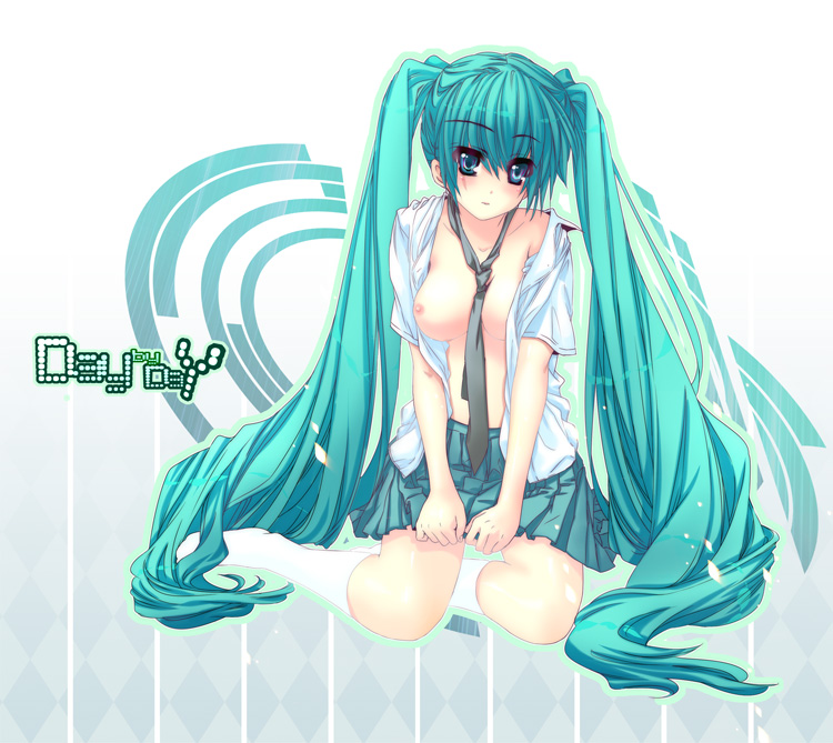 e-nya, hatsune miku, vocaloid, bad id, bad pixiv id, 1girl, aqua eyes, aqua hair, breasts, female focus, long hair, medium breasts, necktie, nipples, open clothes, open shirt, shirt, sitting, skirt, solo, twintails, very long hair