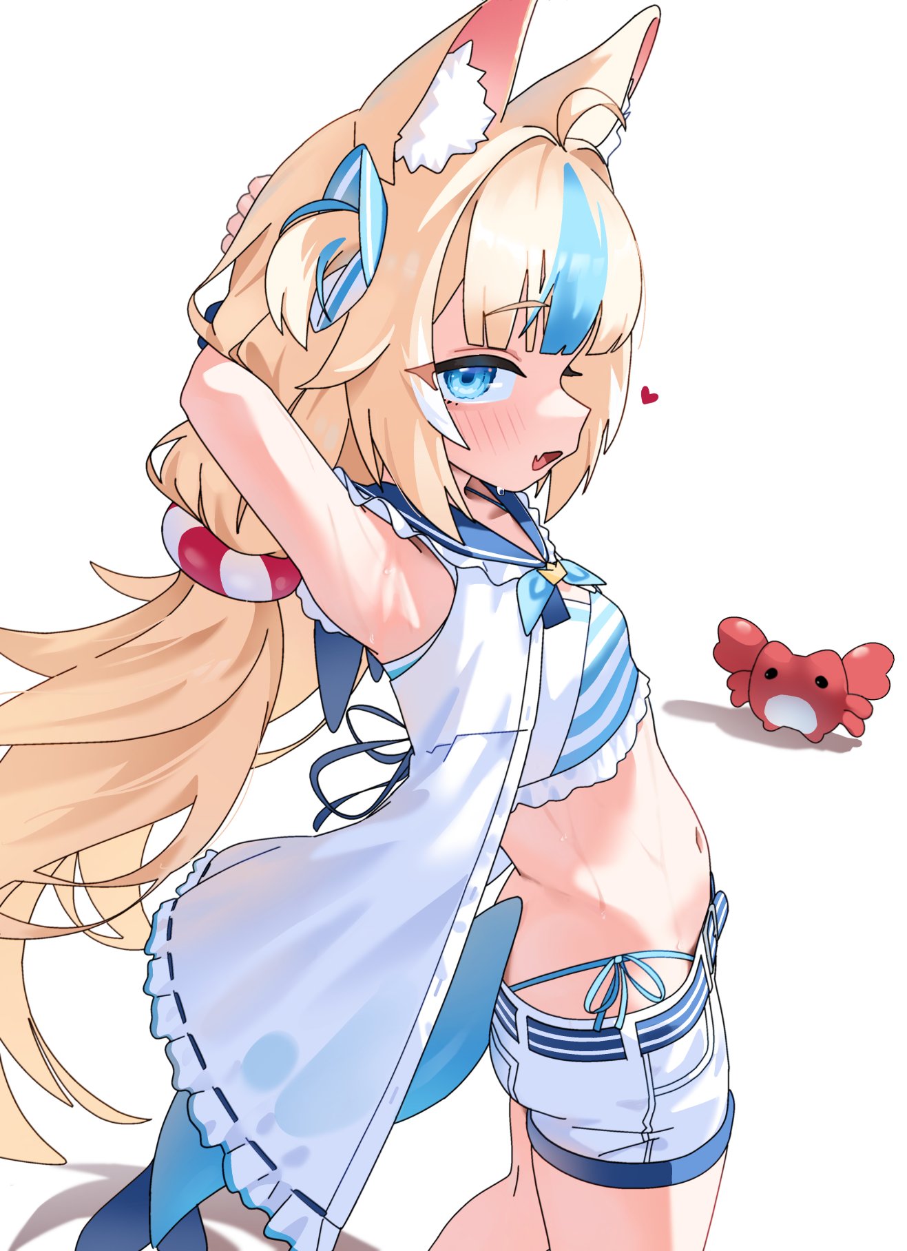 gurumie, kaniki (sameko saba), sameko saba, indie virtual youtuber, commentary, highres, 1girl, animal ears, armpits, arms up, bikini, bikini bottom under shorts, bikini under clothes, blonde hair, blue bikini, blue eyes, blue streaks, breasts, cat ears, crab, dress, fins, fish tail, heart, lifebuoy hair ornament, low twintails, navel, one side up, open clothes, open dress, open mouth, sailor dress, shorts, simple background, sleeveless, sleeveless dress, small breasts, swimsuit, tail, twintails, virtual youtuber, white background, white dress, white shorts