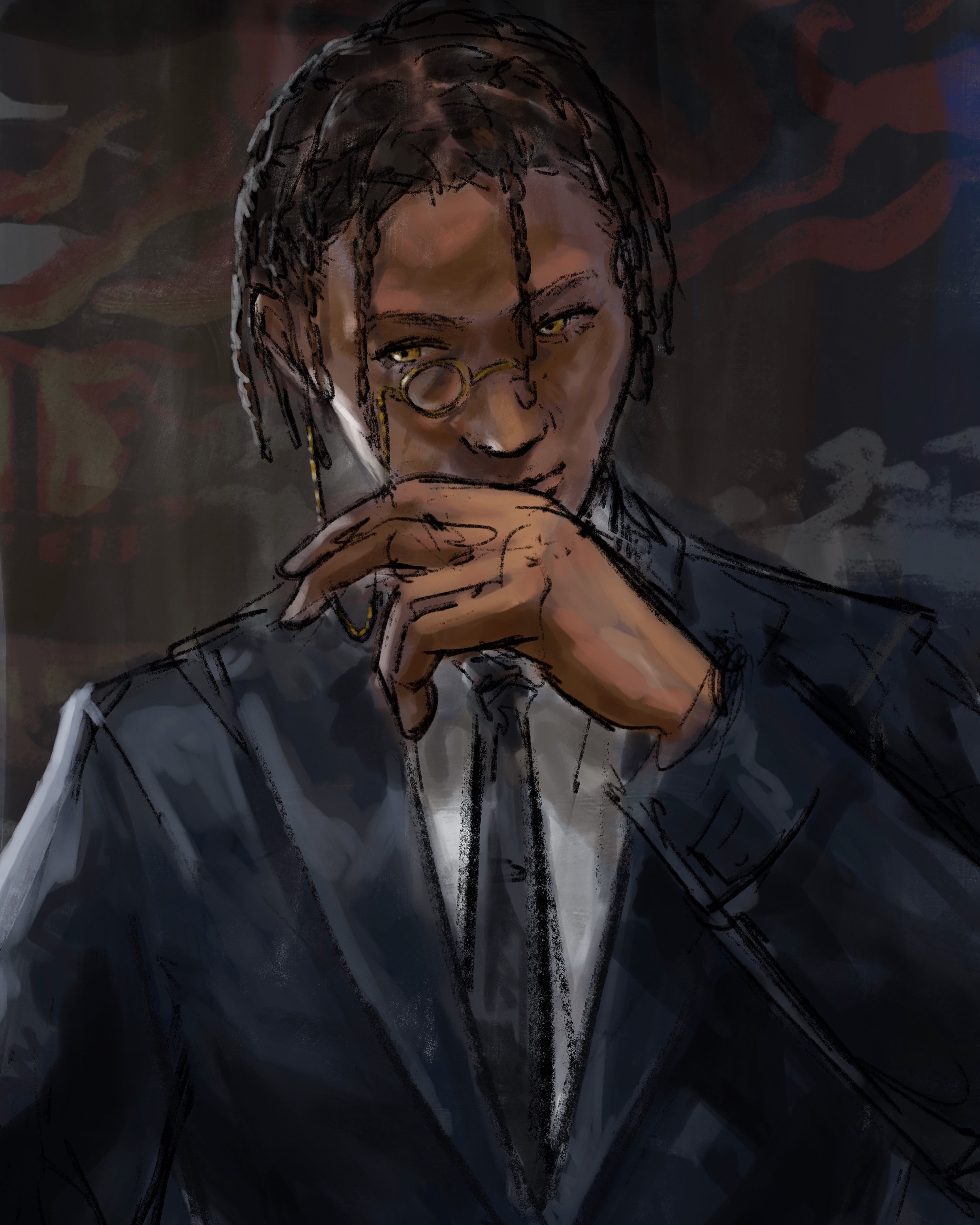 nyarlathotep, call of cthulhu, cthulhu mythos, original, absurdres, commentary, highres, procreate (medium), 1boy, black hair, blurry, blurry background, dark-skinned male, dark skin, dreadlocks, enhenduannna, hair between eyes, looking to the side, monocle, necktie, solo, yellow eyes