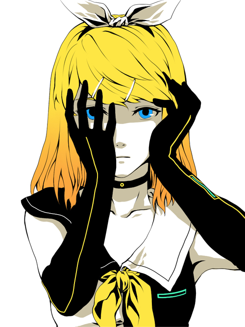 towa (pixiv), kagamine rin, meltdown, roshin yuukai (vocaloid), vocaloid, bad id, bad pixiv id, blonde hair, blue eyes, choker, dress, elbow gloves, gloves, hair ornament, hair ribbon, hairclip, long hair, ribbon, sailor dress, simple background, solo