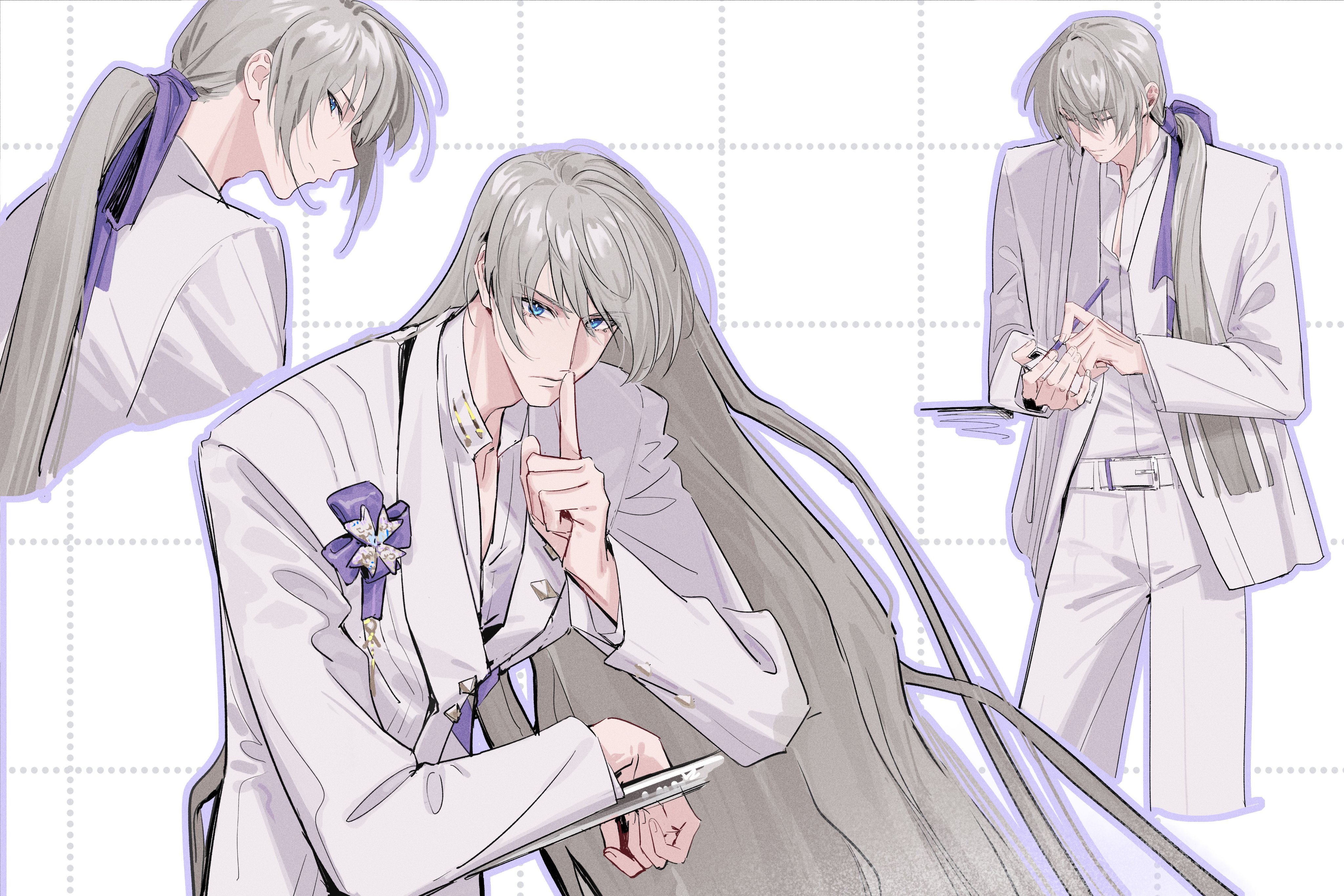 shiwu, xavier (love and deepspace), love and deepspace, absurdres, highres, 1boy, blue eyes, closed eyes, collared shirt, cowboy shot, cropped legs, finger to mouth, grey hair, grid background, hair between eyes, hair over shoulder, hair ribbon, jacket, long hair, male focus, multiple views, official alternate costume, official alternate hair length, official alternate hairstyle, panties, ponytail, purple ribbon, ribbon, shirt, solo, suit jacket, underwear, upper body, white jacket, white panties, white shirt, writing