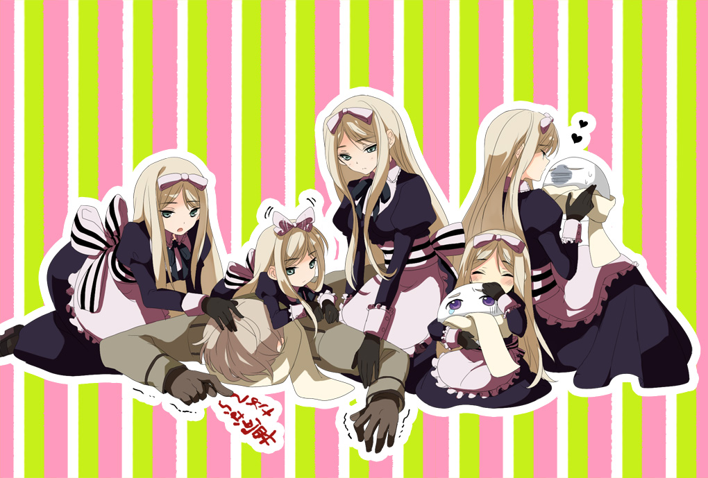 ponjiritsu, belarus (hetalia), russia (hetalia), axis powers hetalia, striped, bad id, bad pixiv id, 00s, 1boy, 5girls, apron, blonde hair, dress, gloves, green eyes, hair ribbon, headpat, heart, hug, long hair, multiple girls, ribbon, scarf, siblings, trembling