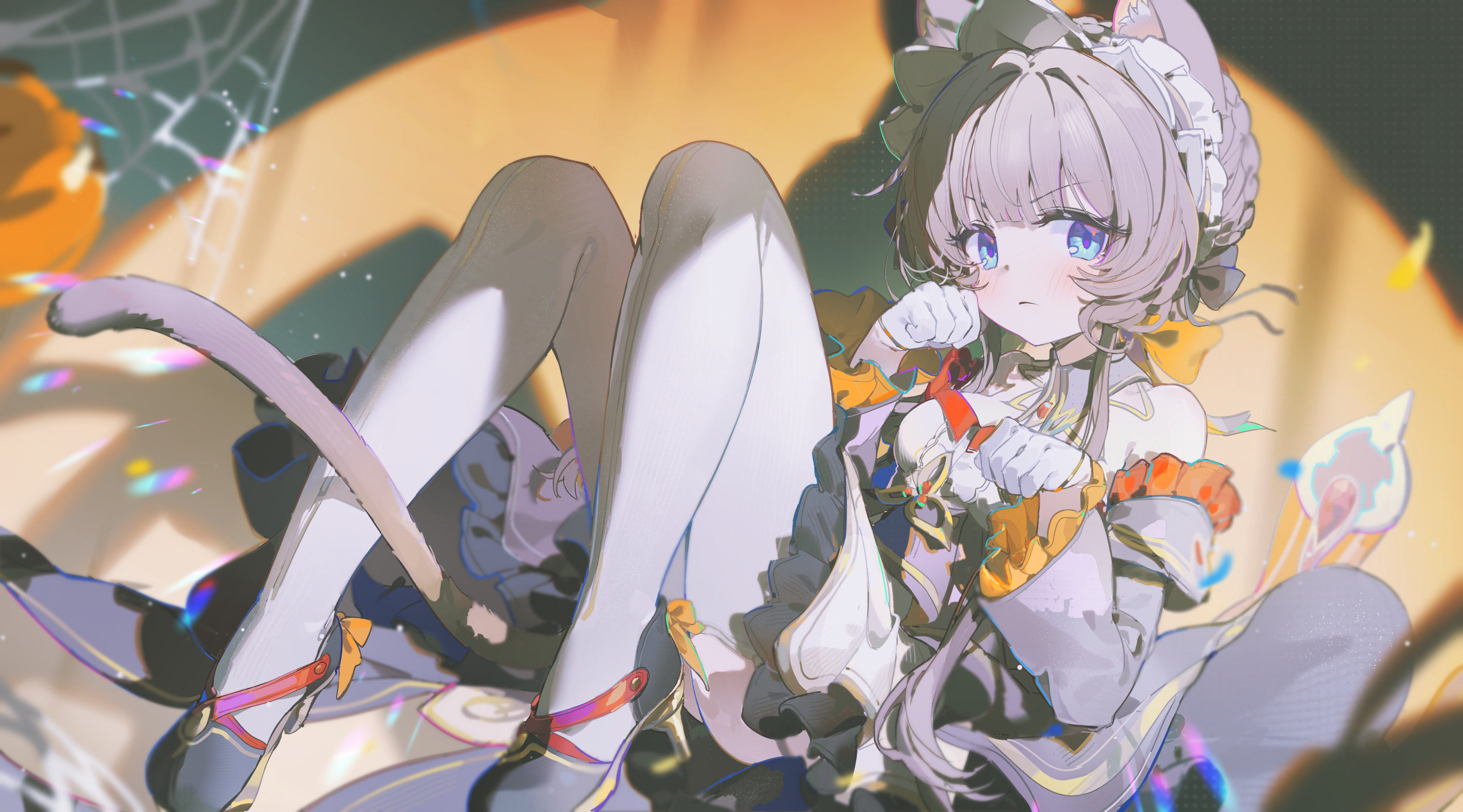 coria, sandrone (genshin impact), genshin impact, absurdres, highres, 1girl, animal ears, bare shoulders, black dress, black shoes, brown hair, cat ears, cat girl, cat tail, detached sleeves, dress, gloves, kemonomimi mode, long hair, long sleeves, looking at viewer, pantyhose, paw pose, shoes, solo, tail, white gloves, white pantyhose