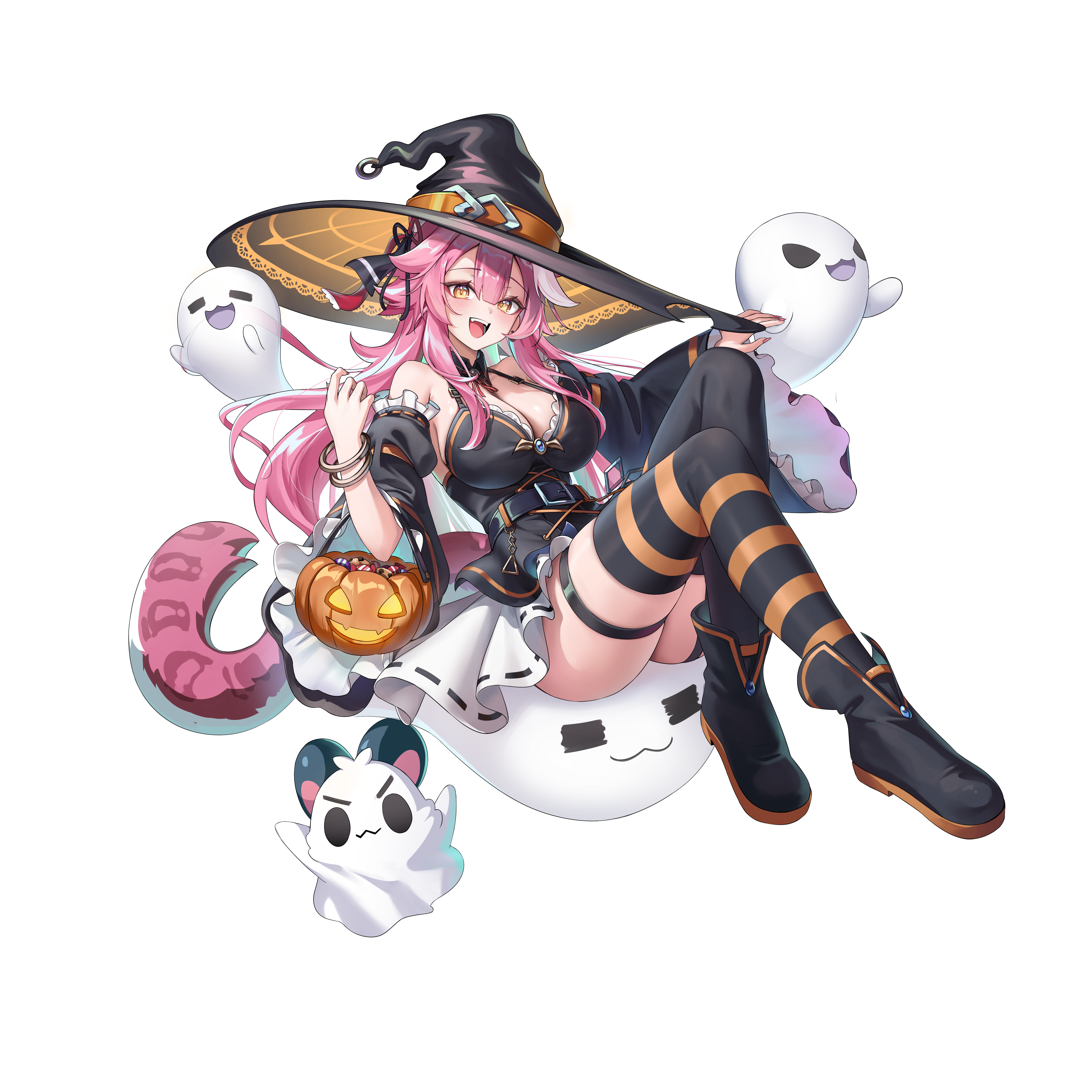 aoi 13, chattino (raora panthera), raora panthera, hololive, hololive english, absurdres, commentary request, highres, 1girl, :d, animal ears, belt, black belt, black boots, black dress, black hat, black thighhighs, boots, breasts, candy, center-flap bangs, cleavage, cookie, detached sleeves, double-parted bangs, dress, earrings, food, frilled sleeves, frills, full body, garter straps, ghost, halterneck, hat, jack-o'-lantern, jewelry, large breasts, layered dress, long hair, looking at viewer, mismatched thighhighs, multicolored hair, open mouth, orange thighhighs, panther ears, panther girl, panther tail, pink hair, short dress, sidelocks, simple background, single garter strap, sleeveless, sleeveless dress, smile, solo, streaked hair, striped clothes, striped thighhighs, tail, teeth, thigh strap, thighhighs, upper teeth only, very long hair, virtual youtuber, white background, white streaks, wide sleeves, witch hat, yellow eyes