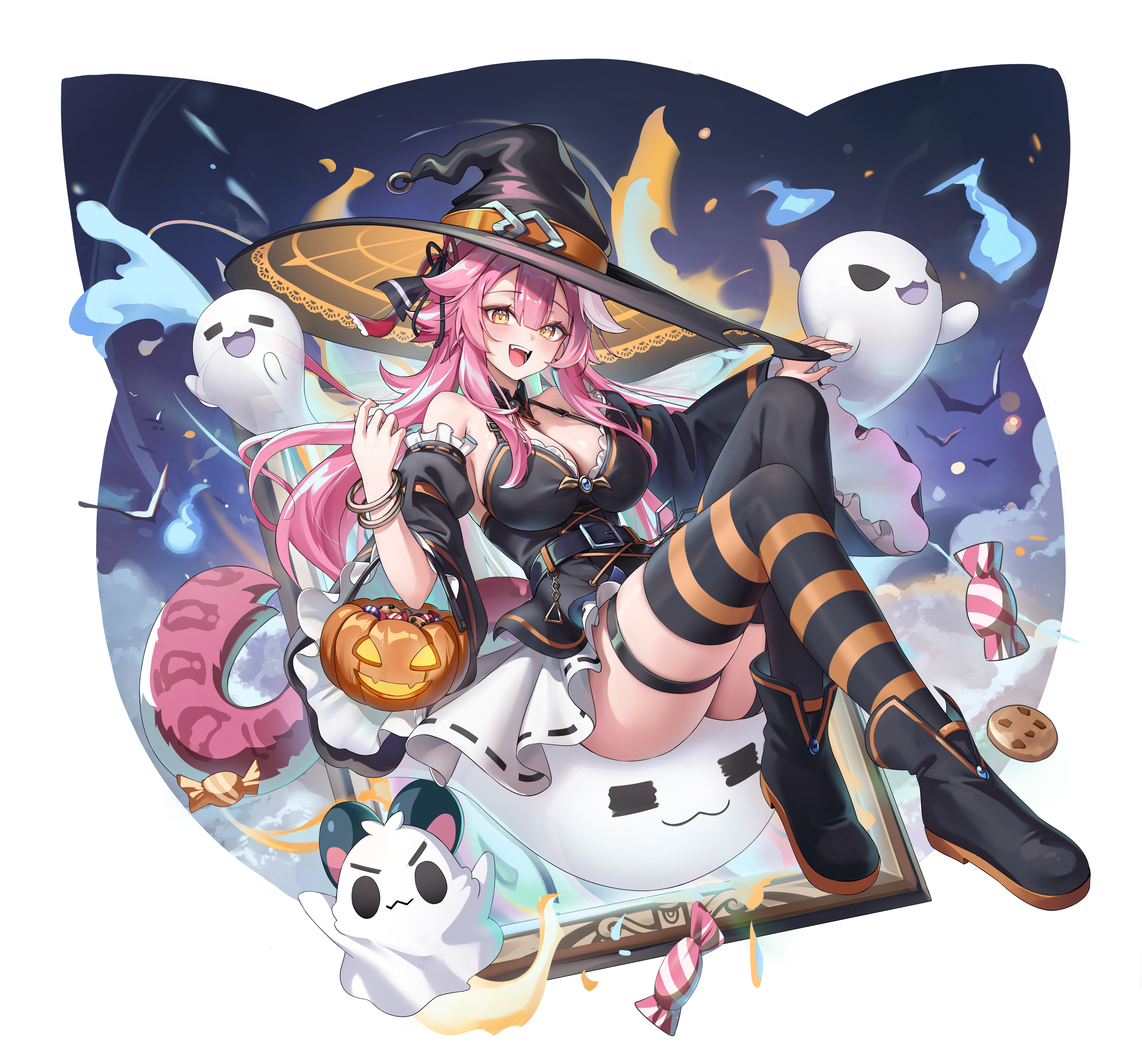 aoi 13, chattino (raora panthera), raora panthera, hololive, hololive english, absurdres, commentary request, highres, 1girl, :d, animal ears, belt, black belt, black boots, black dress, black hat, black thighhighs, boots, breasts, candy, center-flap bangs, cleavage, cookie, detached sleeves, double-parted bangs, dress, earrings, food, frilled sleeves, frills, full body, garter straps, ghost, halterneck, hat, jack-o'-lantern, jewelry, large breasts, layered dress, long hair, looking at viewer, mismatched thighhighs, multicolored hair, open mouth, orange thighhighs, panther ears, panther girl, panther tail, pink hair, short dress, sidelocks, single garter strap, sleeveless, sleeveless dress, smile, solo, streaked hair, striped clothes, striped thighhighs, tail, teeth, thigh strap, thighhighs, upper teeth only, very long hair, virtual youtuber, white streaks, wide sleeves, witch hat, yellow eyes