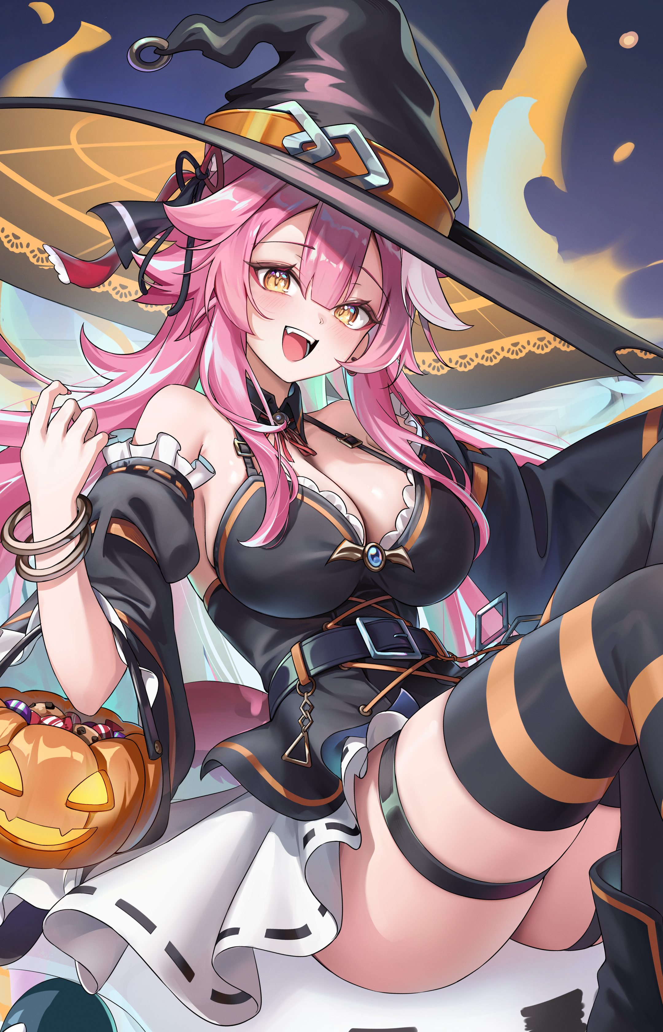 aoi 13, raora panthera, hololive, hololive english, absurdres, commentary request, highres, 1girl, :d, animal ears, belt, black belt, black dress, black hat, black thighhighs, breasts, candy, center-flap bangs, cleavage, detached sleeves, double-parted bangs, dress, earrings, food, frilled sleeves, frills, garter straps, ghost, halterneck, hat, jack-o'-lantern, jewelry, large breasts, layered dress, long hair, looking at viewer, mismatched thighhighs, multicolored hair, open mouth, orange thighhighs, panther ears, panther girl, panther tail, pink hair, short dress, sidelocks, single garter strap, sleeveless, sleeveless dress, smile, solo, streaked hair, striped clothes, striped thighhighs, tail, teeth, thigh strap, thighhighs, upper teeth only, very long hair, virtual youtuber, white streaks, wide sleeves, witch hat, yellow eyes