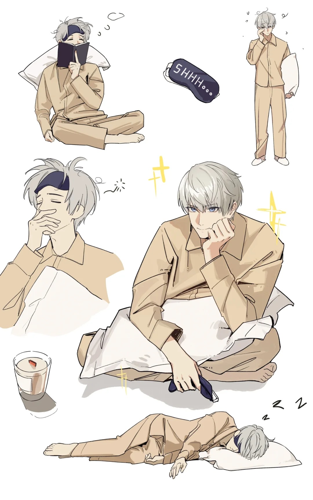 shiwu, xavier (love and deepspace), love and deepspace, highres, 1boy, barefoot, book, brown pajamas, brown pants, brown shirt, closed eyes, closed mouth, collared shirt, covering own mouth, cup, full body, grey hair, hair between eyes, hand over own mouth, head on hand, holding, holding book, holding pillow, indian style, lying, male focus, messy hair, multiple views, on side, pajamas, pants, pillow, shirt, short hair, sitting, sleep mask, sleeping, slippers, smile, solo, sparkle, squeans, upper body, white background, white slippers, yawning, zzz