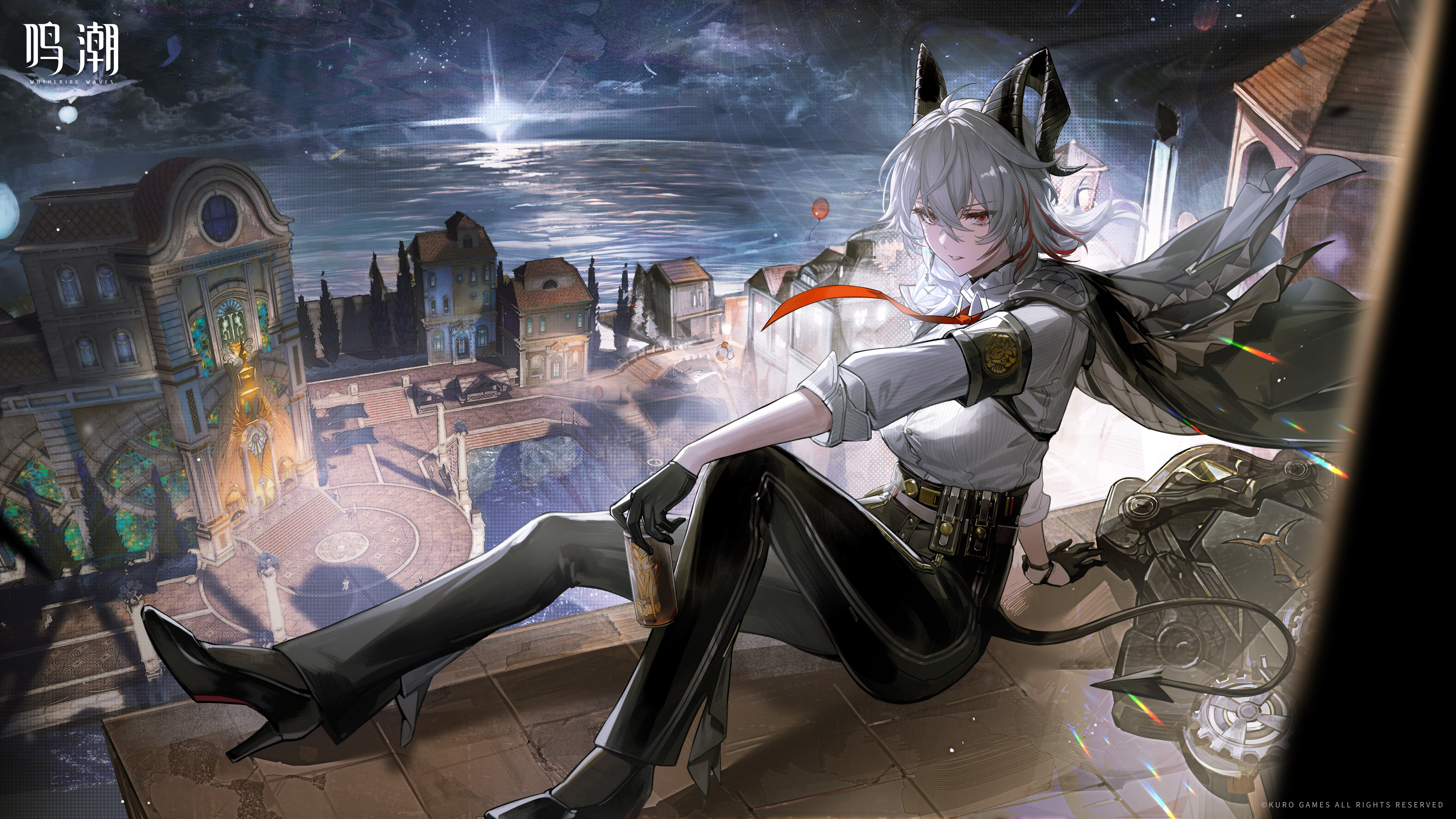 zani (wuthering waves), wuthering waves, absurdres, highres, official art, 1girl, armband, black armband, black gloves, black horns, black jacket, black pants, black shoes, black tail, breasts, can, canned coffee, curled horns, demon tail, drink can, gloves, grey hair, hair between eyes, high-waist pants, high heels, holding, holding can, horns, jacket, jacket on shoulders, large breasts, logo, long hair, looking at viewer, missing commentary, multicolored hair, outdoors, pants, parted lips, red eyes, shield, shirt, shirt tucked in, shoes, sitting, solo, streaked hair, tail, white shirt, wind