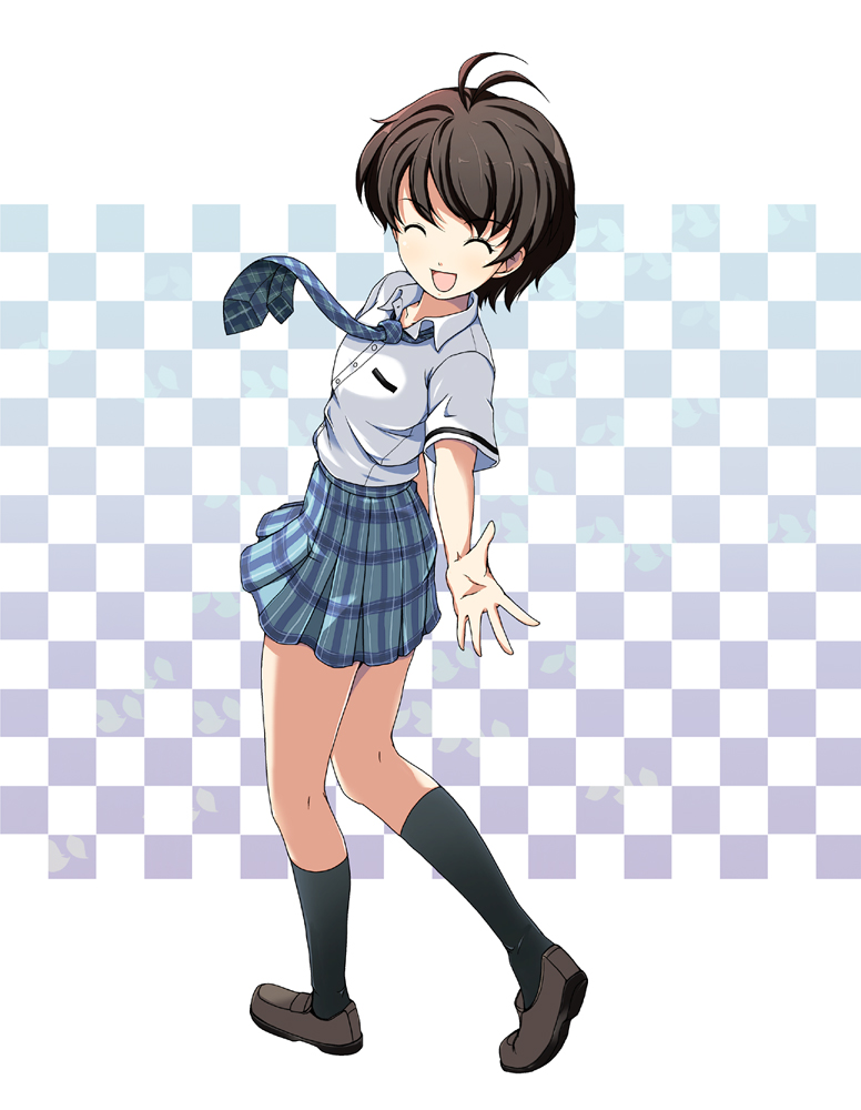 onion (lemlaml), kikuchi makoto, idolmaster, idolmaster (classic), bad id, bad pixiv id, 00s, 1girl, ahoge, antenna hair, black hair, closed eyes, female focus, looking back, necktie, plaid clothes, plaid skirt, rough time school, school uniform, skirt, smile, solo