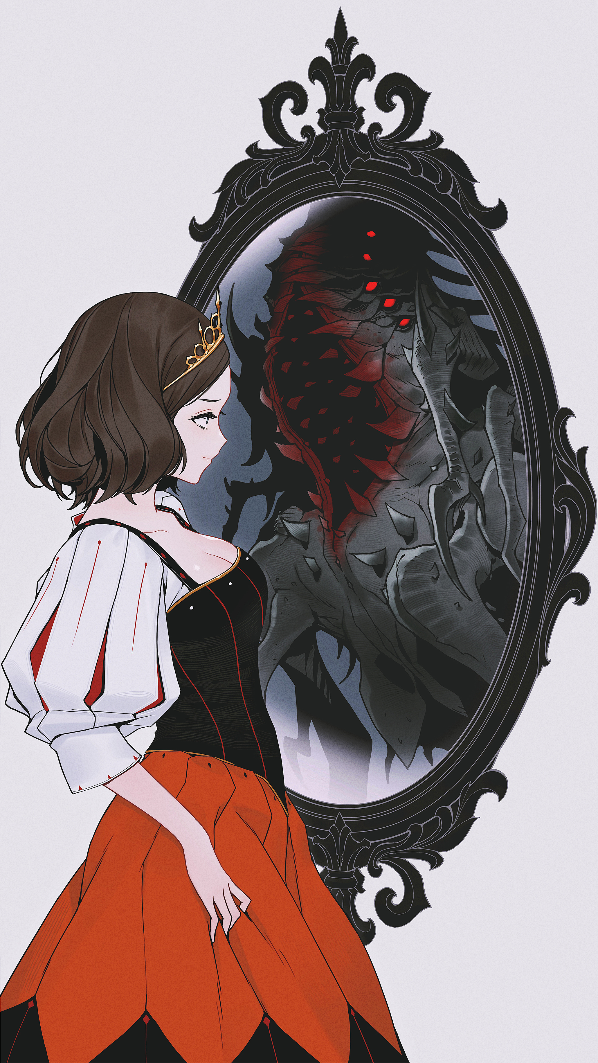 victor bang, nyarlathotep, snow white (fairy tale character), cthulhu mythos, snow white (fairy tale), absurdres, commentary, english commentary, highres, 1girl, blue eyes, breasts, brown hair, cleavage, dress, grey background, mirror, monster, red eyes, sharp teeth, teeth, tiara