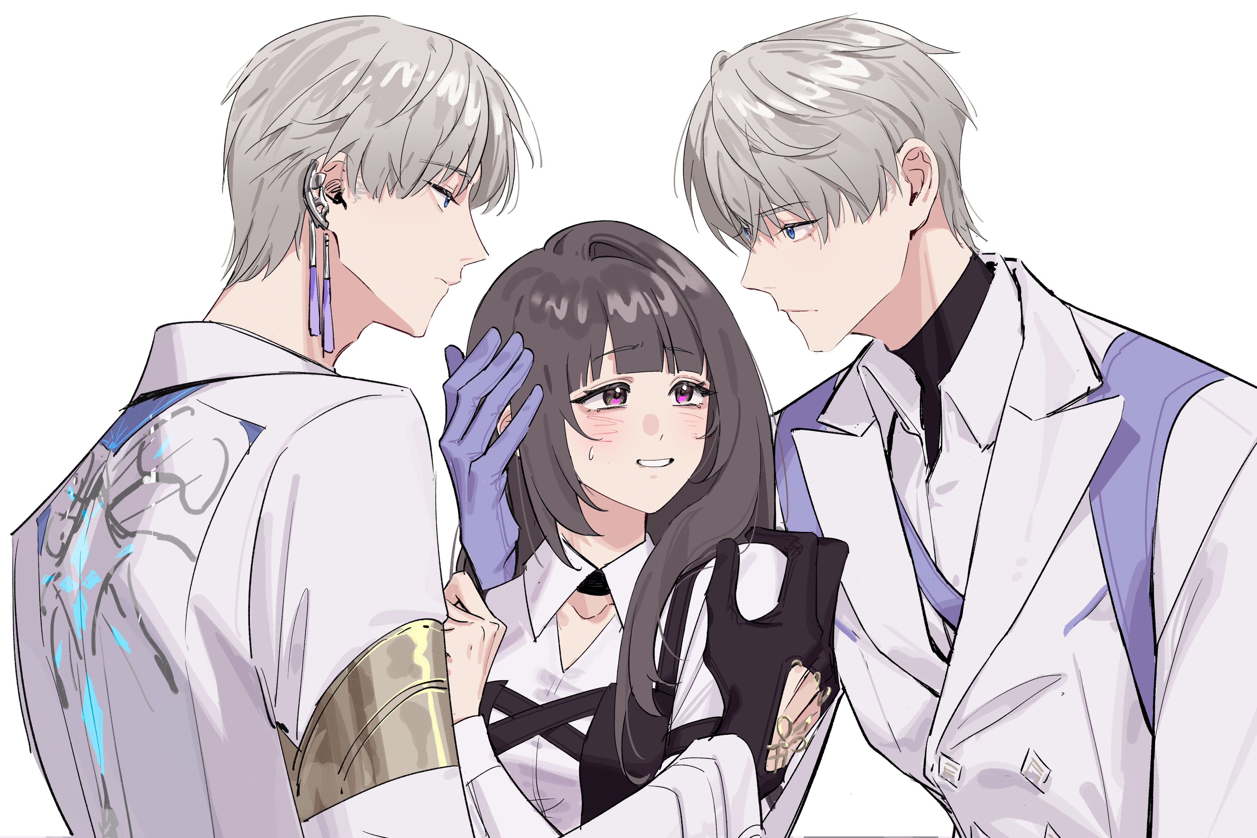 shiwu, protagonist (love and deepspace), xavier (love and deepspace), love and deepspace, absurdres, highres, 1girl, 2boys, black corset, black gloves, black shirt, blue eyes, blunt bangs, blush, breasts, brown hair, collared shirt, corset, dual persona, earrings, gloves, grey hair, group sex, hair between eyes, hand on another's head, hand on another's shoulder, jacket, jealous, jewelry, long hair, looking at another, medium breasts, mmf threesome, multiple boys, nervous smile, parted lips, pink eyes, purple gloves, shirt, shirt under shirt, short hair, smile, suit jacket, sweatdrop, tassel, tassel earrings, threesome, turtleneck, upper body, white background, white jacket, white shirt