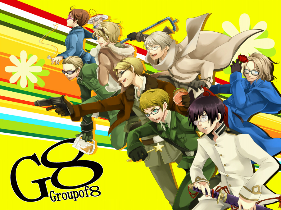isago (ica), america (hetalia), canada (hetalia), france (hetalia), germany (hetalia), japan (hetalia), kumajirou (hetalia), northern italy (hetalia), russia (hetalia), united kingdom (hetalia), atlus, axis powers hetalia, persona, persona 4, fur, bad id, bad pixiv id, 6+boys, ahoge, alcohol, beer, bespectacled, black hair, blonde hair, blue eyes, bomber jacket, brown hair, burger, coat, faucet, flower, flower symbol, food, fork, glasses, gloves, goggles, goggles on head, gun, jacket, katana, lead pipe, male focus, military, military uniform, multiple boys, one eye closed, parody, pasta, rose, scarf, spaghetti, sword, wand, weapon