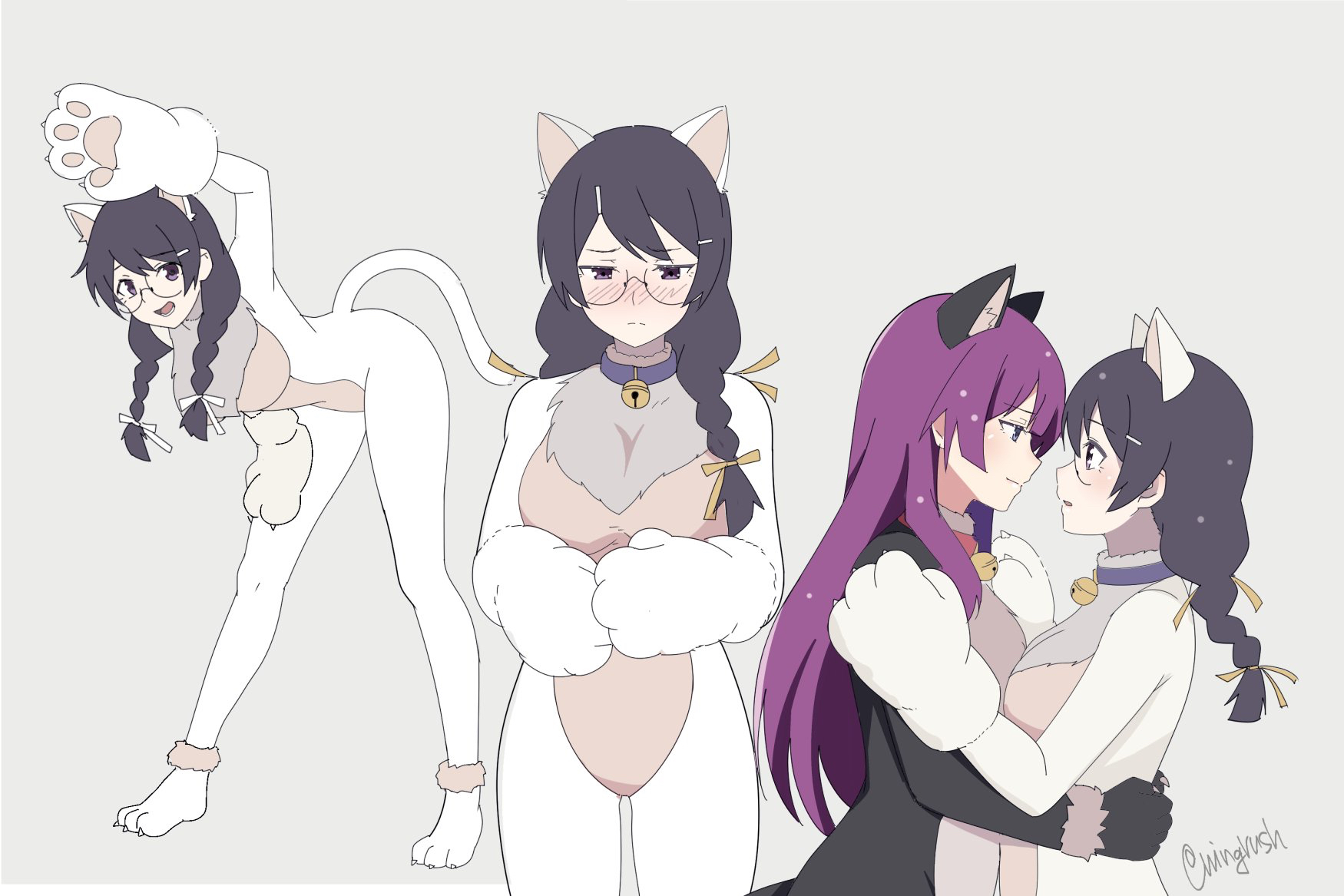 fooring, hanekawa tsubasa, senjougahara hitagi, monogatari (series), commentary, english commentary, highres, 2girls, :o, alternate costume, animal collar, animal costume, animal ear fluff, animal ears, animal hands, bell, bent over, black fur, black hair, blue collar, blush, braid, breasts, cat costume, cat ears, cat tail, chest fur, closed mouth, collar, facing another, from side, frown, fur-trimmed shoes, glasses, gloves, grey background, grey fur, hands on another's hips, hands on another's shoulders, hands on own chest, light smile, long hair, medium breasts, multiple girls, neck bell, nose blush, open mouth, paw gloves, paw shoes, pink collar, purple eyes, purple hair, signature, simple background, swept bangs, tail, twin braids, upper body, white fur, yuri