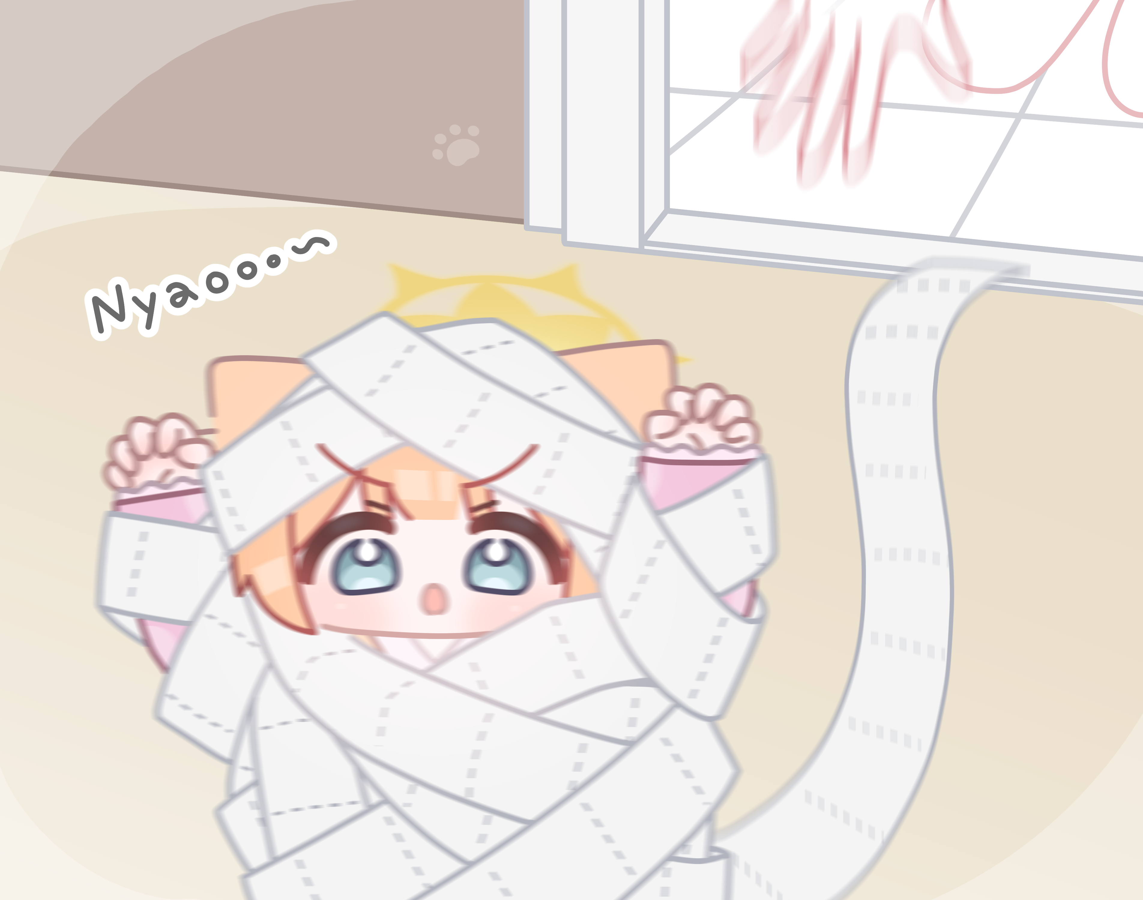 horuhara, mari (blue archive), blue archive, absurdres, highres, 1girl, animal ears, arms up, blunt bangs, chibi, claw pose, halo, long sleeves, looking ahead, motion blur, mummy costume, no nose, open mouth, orange hair, pajamas, pink pajamas, solo, solo focus, standing, tile floor, tiles, v-shaped eyebrows, yellow halo