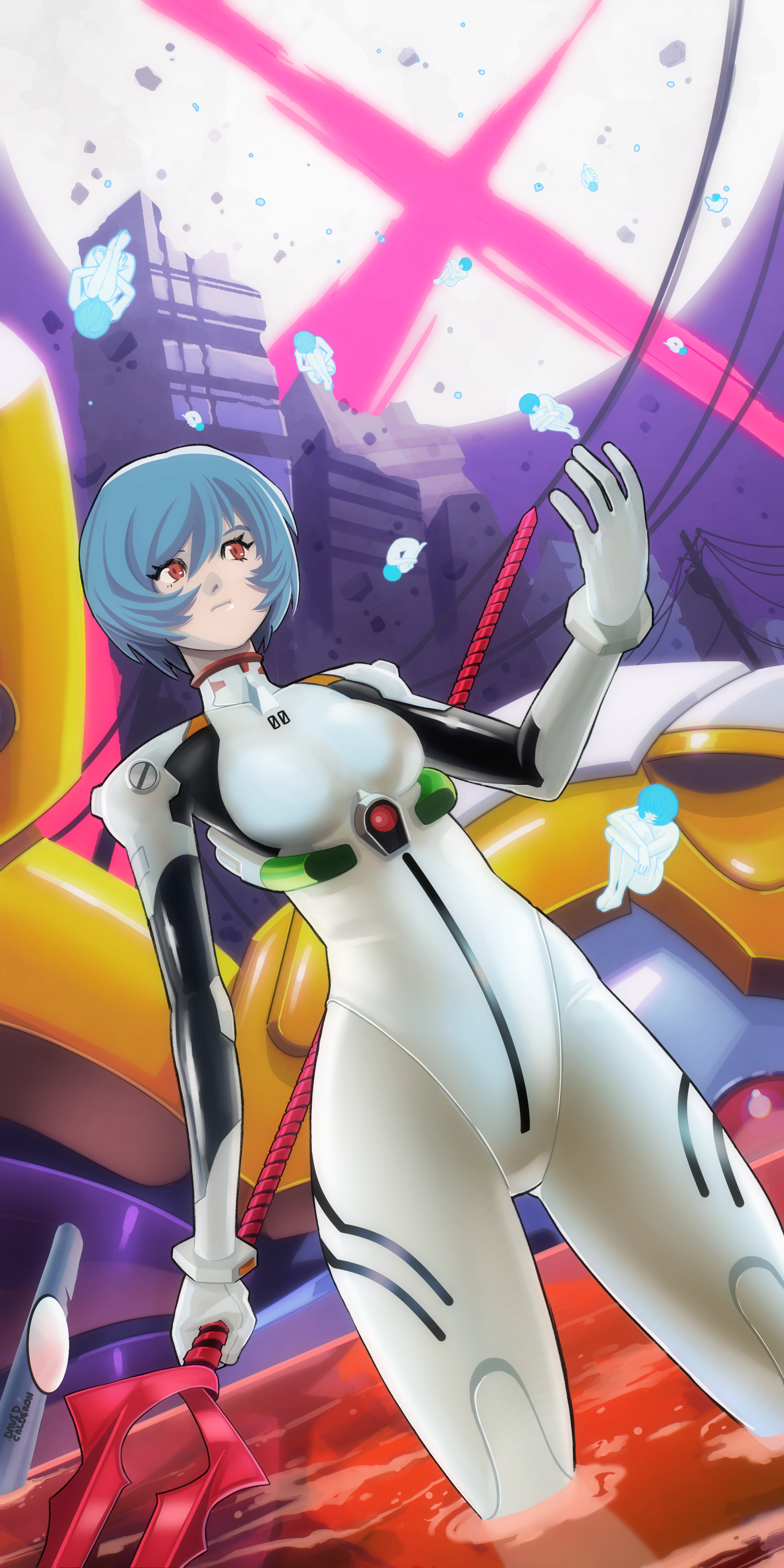 david calderon, ayanami rei, eva 00, neon genesis evangelion, highres, 1girl, blue hair, bodysuit, breasts, cowboy shot, curvy, dutch angle, hair between eyes, holding, holding lance, holding polearm, holding weapon, interface headset (evangelion), lance, lance of longinus (evangelion), lcl, mecha pilot suit, multiple girls, multiple persona, outdoors, parted lips, plugsuit (evangelion), red eyes, shiny clothes, short hair, skin tight, solo, weapon, white bodysuit, wide hips
