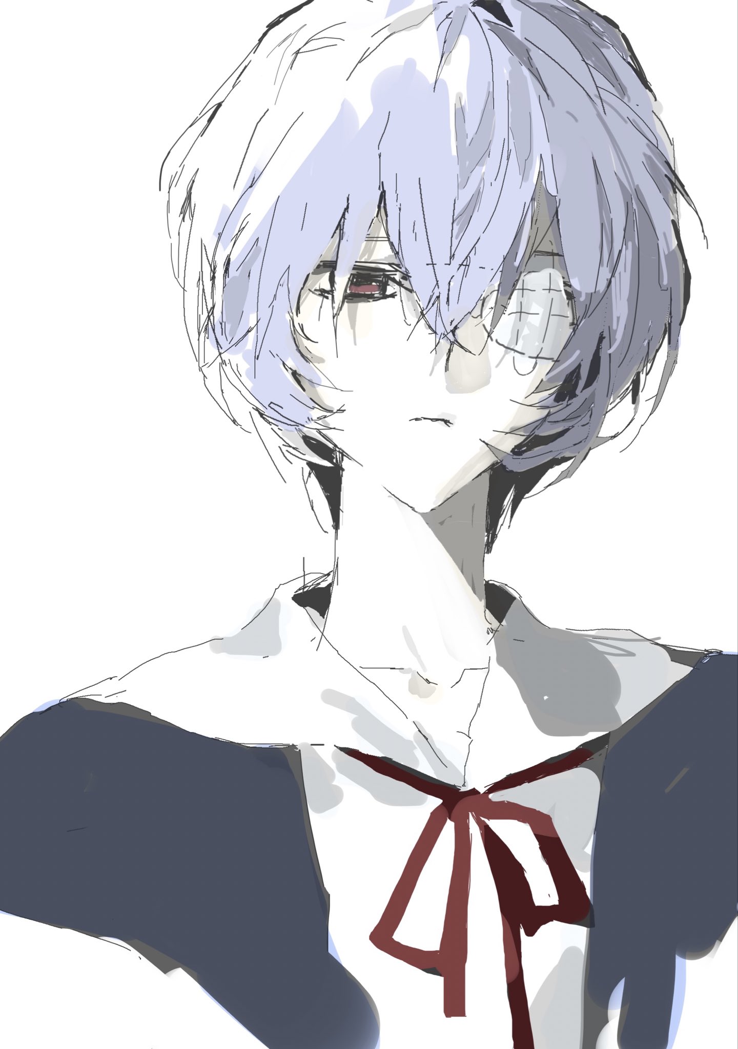 ayanami rei, neon genesis evangelion, highres, 1girl, blue hair, expressionless, eyepatch, hair between eyes, konosekaino920, looking at viewer, neck ribbon, pale skin, red eyes, red ribbon, ribbon, school uniform, shirt, short hair, solo, tokyo-3 middle school uniform, upper body, white background