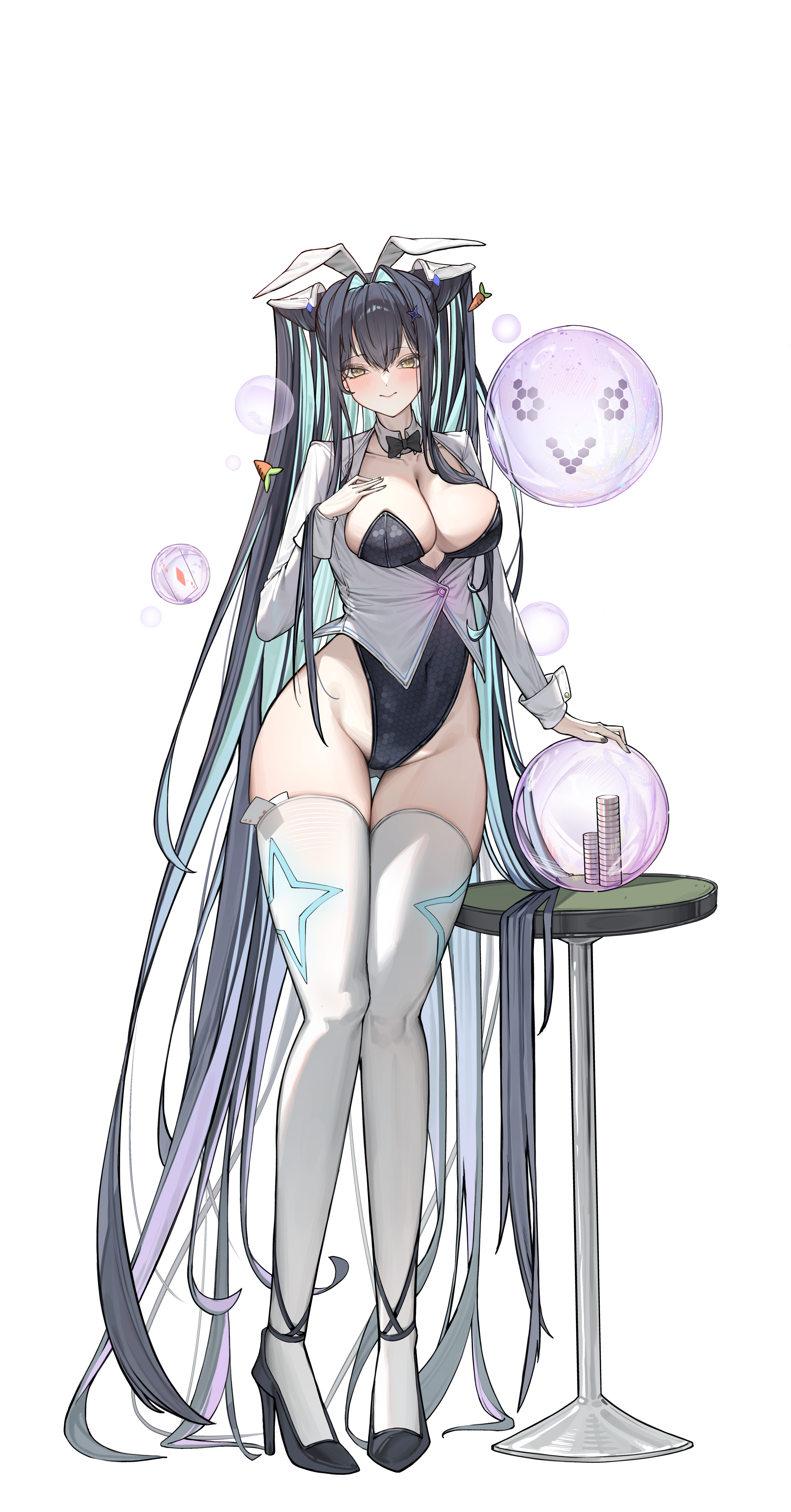 ko uniii, little mermaid (nikke), goddess of victory: nikke, absurdres, commentary, highres, 1girl, absurdly long hair, alternate costume, animal ears, black bow, black bowtie, black hair, black leotard, bow, bowtie, breasts, bubble, cleavage, covered navel, full body, green hair, hair intakes, hand on own chest, high heels, large breasts, leotard, long hair, looking at viewer, playboy bunny, rabbit ears, shrug (clothing), simple background, smile, solo, thighhighs, thighs, very long hair, white background, white shrug, white thighhighs, yellow eyes