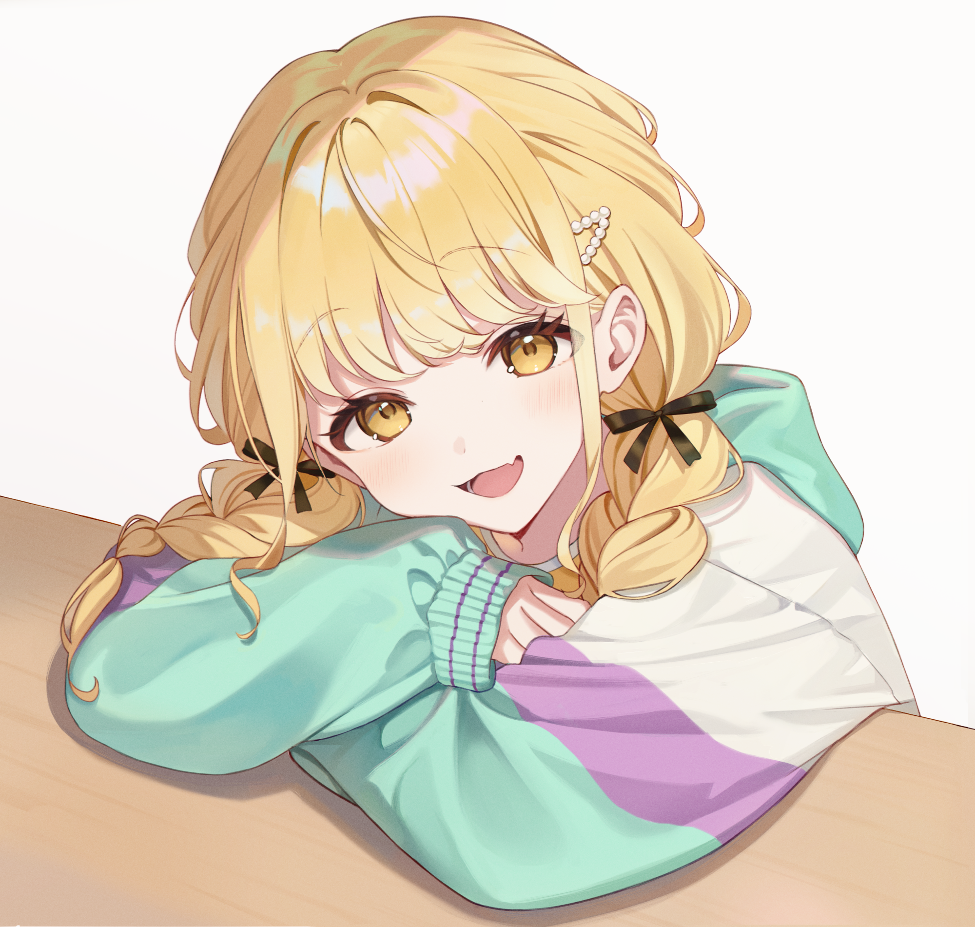 pipipipyu, fujita kotone, gakuen idolmaster, idolmaster, commentary request, highres, 1girl, aqua jacket, black ribbon, blonde hair, blush, braid, elbow rest, fang, hair ornament, hair ribbon, head rest, jacket, long hair, long sleeves, looking at viewer, low twin braids, open mouth, puffy long sleeves, puffy sleeves, ribbon, simple background, skin fang, smile, solo, twin braids, white background, yellow eyes