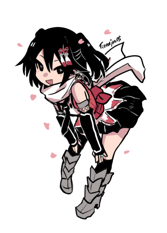 terrajin, fairy (kancolle), sendai (kancolle), sendai kai ni (kancolle), kantai collection, commentary, symbol-only commentary, 1girl, 2girls, armored boots, bent over, black eyes, black hair, black neckerchief, black skirt, black socks, boots, chibi, chibi only, hair between eyes, hair ornament, jewelry, knee boots, kneehighs, looking at viewer, multiple girls, neckerchief, open mouth, petals, ring, scarf, signature, simple background, skirt, sleeveless, socks, solo, two side up, wedding ring, white background, white scarf