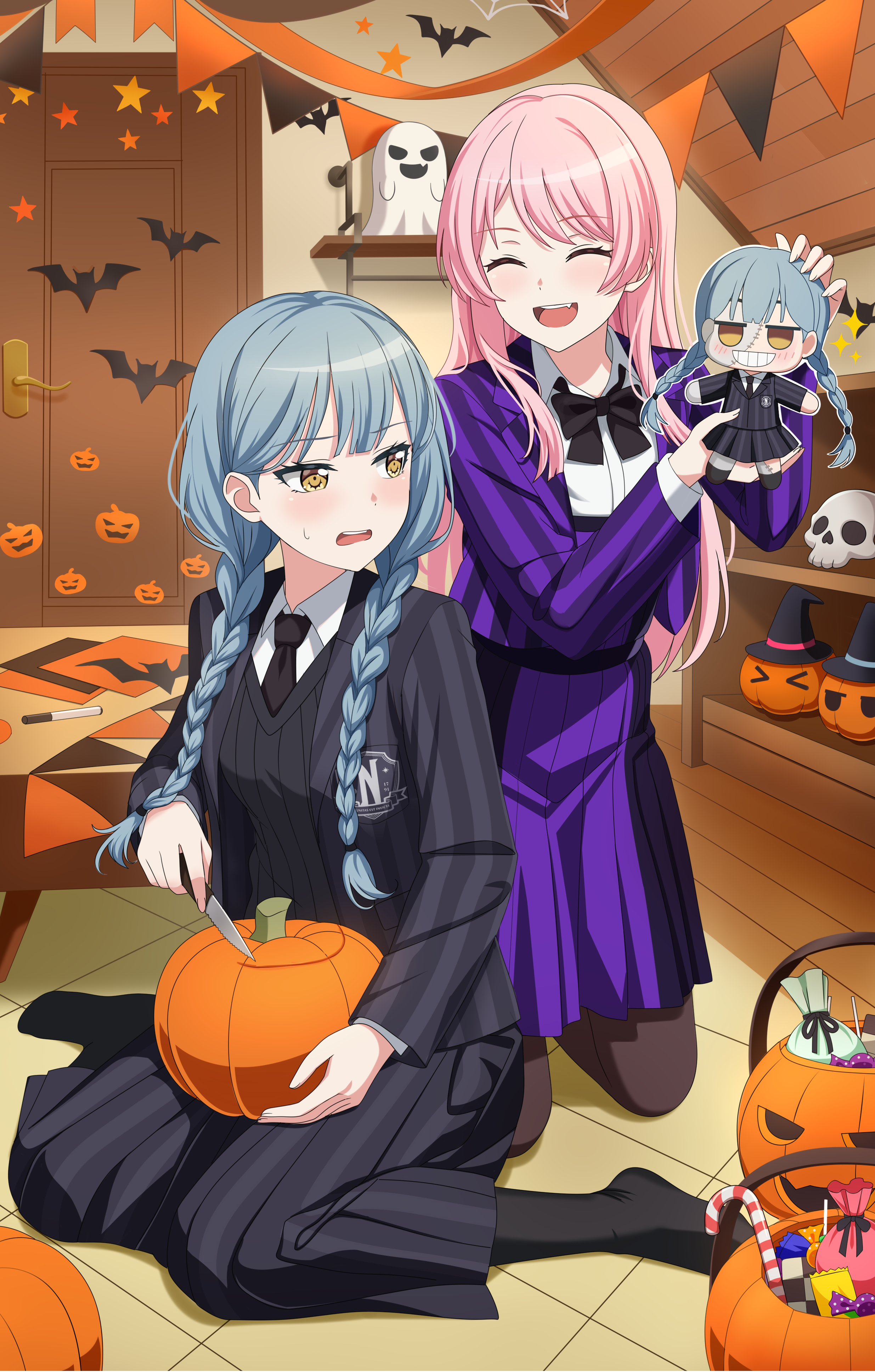 fries vanquisher, chihaya anon, enid sinclair, togawa sakiko, wednesday addams, bang dream!, bang dream! it's mygo!!!!!, the addams family, wednesday (netflix), absurdres, commentary, commission, english commentary, highres, pixiv commission, 2girls, black bow, black bowtie, black jacket, black necktie, black pantyhose, black skirt, black socks, black sweater, blue hair, bow, bowtie, braid, candy, cosplay, enid sinclair (cosplay), fang, food, halloween, indoors, jack-o'-lantern, jacket, long hair, multiple girls, necktie, no shoes, open mouth, pantyhose, pink hair, purple jacket, purple skirt, sitting, skirt, socks, sweatdrop, sweater, teeth, twin braids, upper teeth only, wariza, wednesday addams (cosplay), yellow eyes